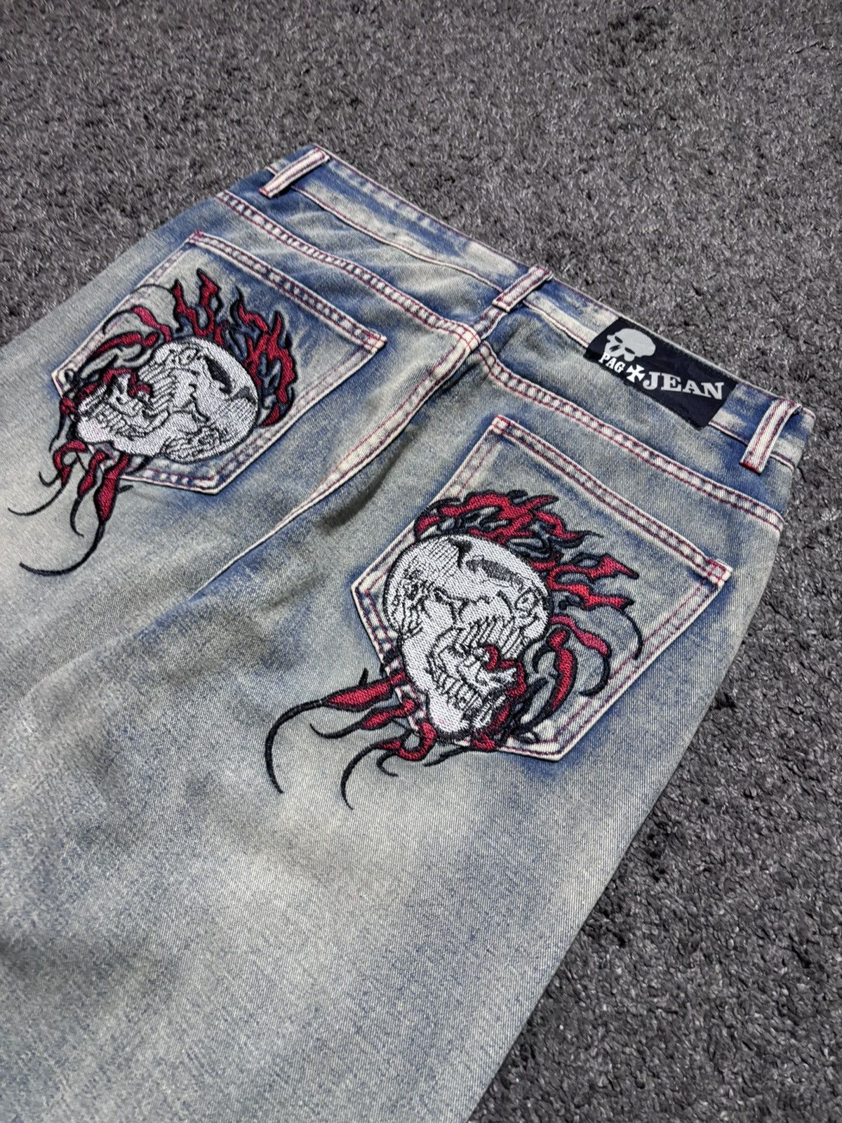 JNCO Vintage rare fire skulls embroidered gray blue baggy jeans Size US 33 - 7 Thumbnail