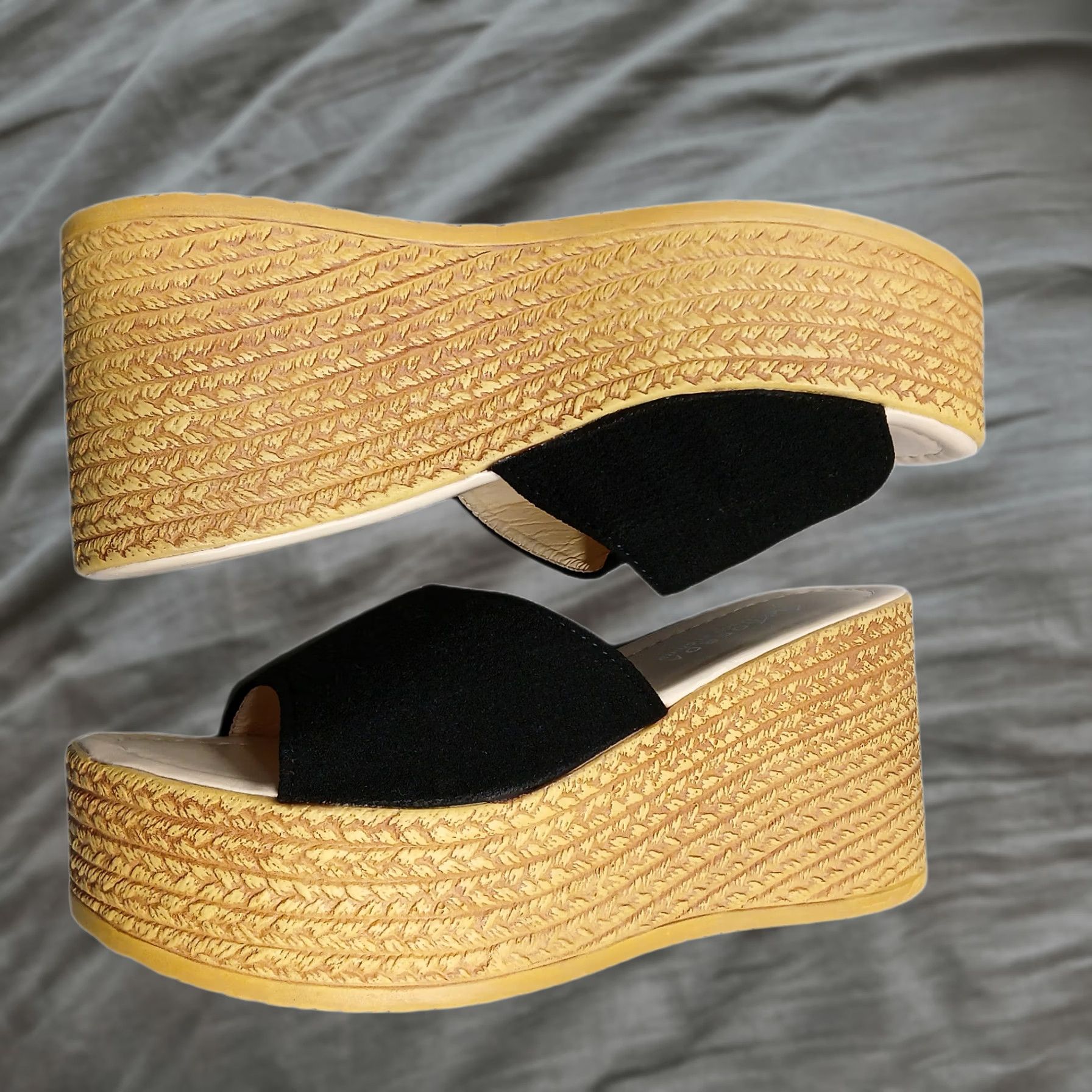 Vintage Shdy AOERDA Platform Espadrille Sandals Womens US 9 Tan & Black Open Toe Slip On Shoes Size US 9 / IT 39 - 1 Thumbnail