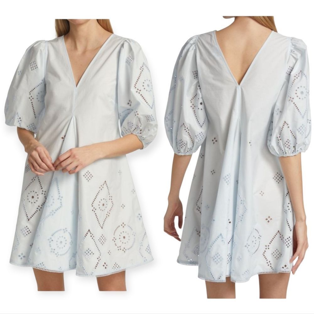 Ganni Ganni Broderie Anglaise Puff Sleeve Organic Cotton Mini Dres Size L / US 10 / IT 46 - 2 Thumbnail