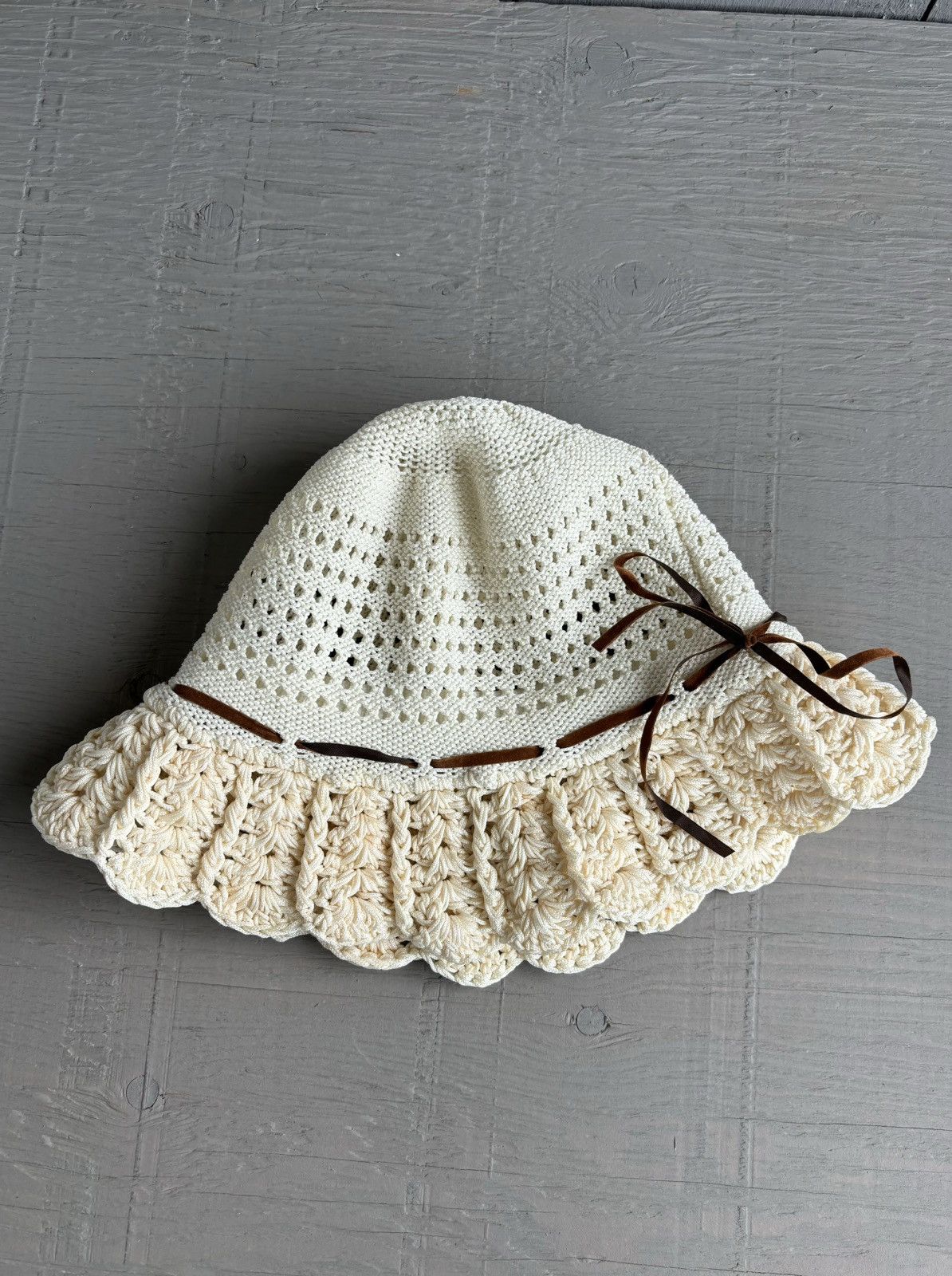 Handmade × Japanese Brand × Vintage Crochet Knit Bucket Hat 70s Vintage Sun Hat Lace Ribbon Mesh Size ONE SIZE - 2 Thumbnail