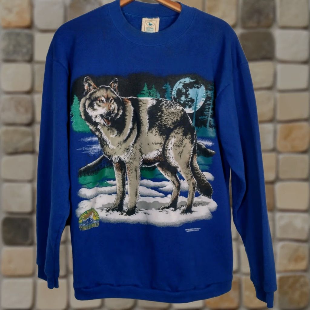 Vintage VINTAGE National Wildlife Federation Sweatshirt Timber Wolf Crew Neck Large Blue Men L Graphic USA Made Vintage Nature Size US L / EU 52-54 / 3 - 1 Thumbnail