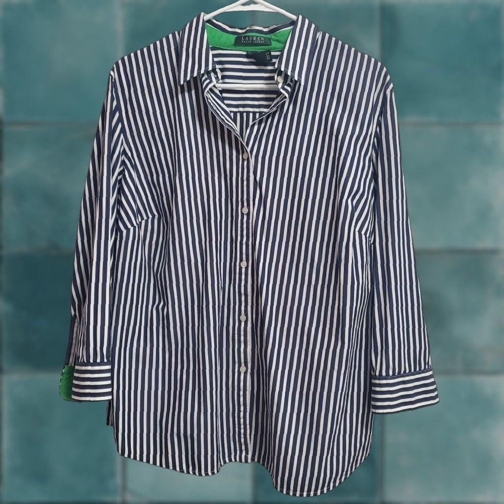 Ralph Lauren VINTAGE Lauren Ralph Lauren Top Women 1X Blue Striped Button Front 3/4 Sleeve Nautical Size XL / US 12-14 / IT 48-50 - 1 Thumbnail