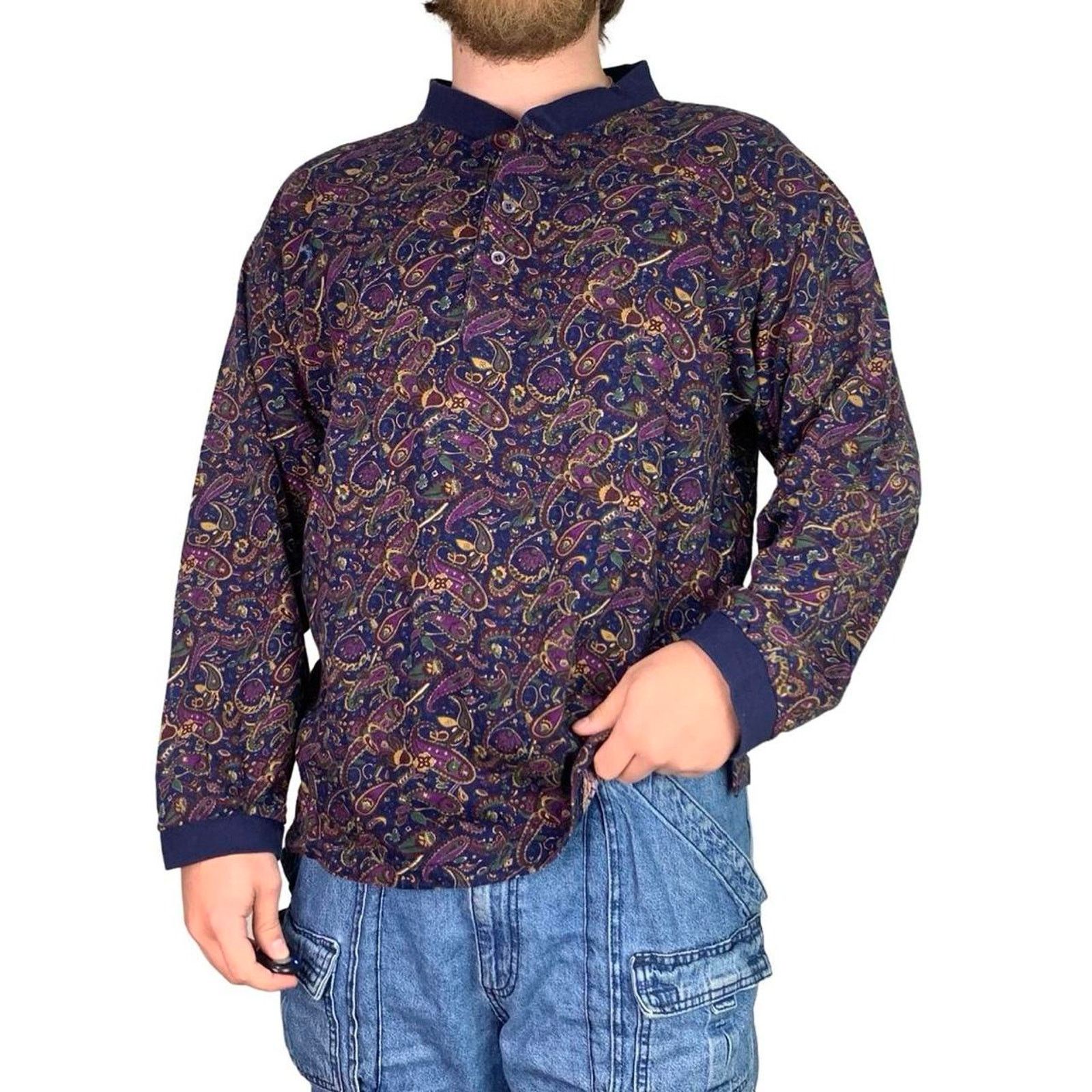 Vintage Vintage 70s Paisley Psychedelic Style Henley Shirt Size US XL / EU 56 / 4 - 2 Thumbnail