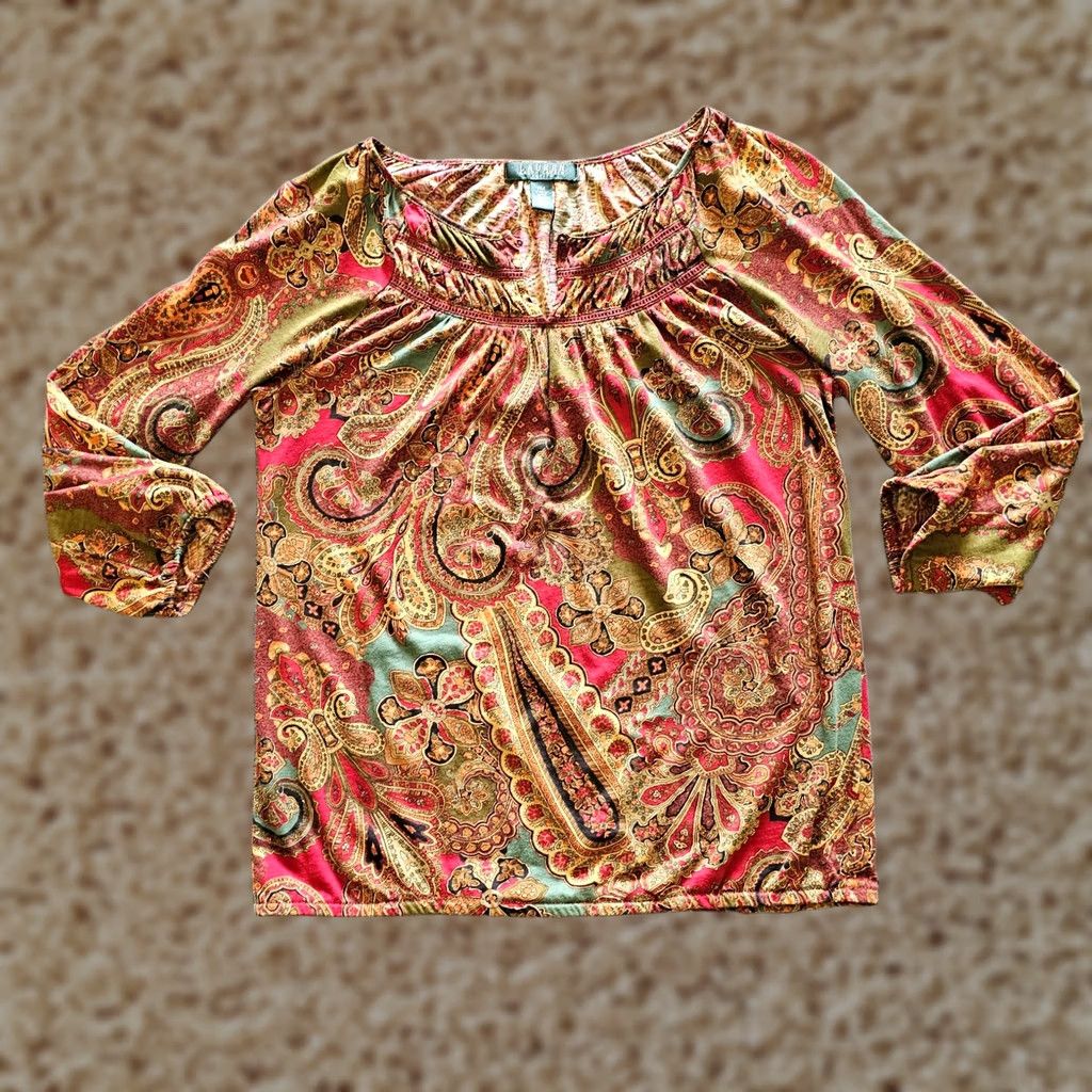 Ralph Lauren Lauren Ralph Lauren Top Petite Medium Red Paisley 3/4 Sleeve Blouse Womens Size M / US 6-8 / IT 42-44 - 1 Thumbnail
