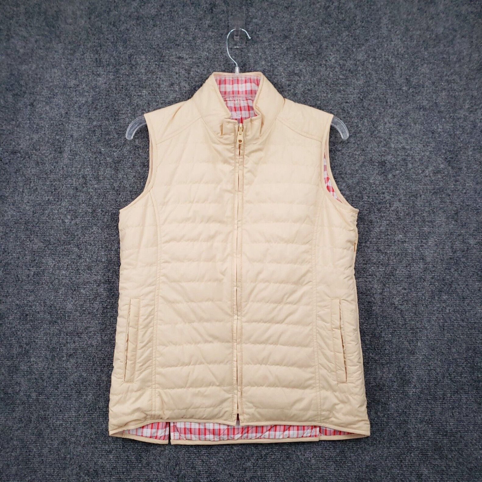 image of Peter Millar Puffer Vest Womens S Small Beige Red Plaid Reversible Zip Up Warmth in White