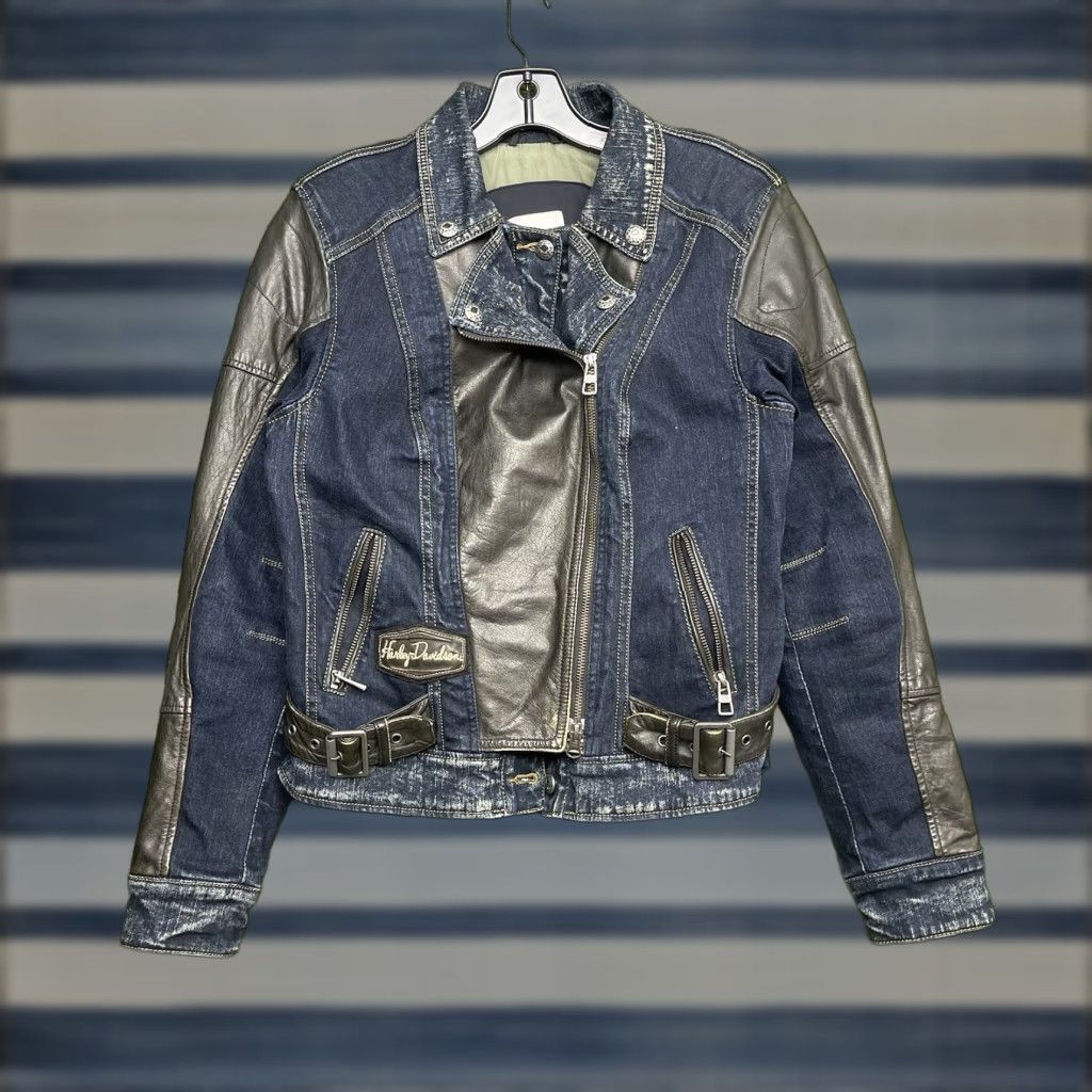 Harley Davidson VINTAGE Harley-Davidson Leather Jacket Womens S Blue Buckle Denim Riding 97203-17VW Easy Rider Womens Jacket - Size S / US 4 / IT 40 - 1 Thumbnail