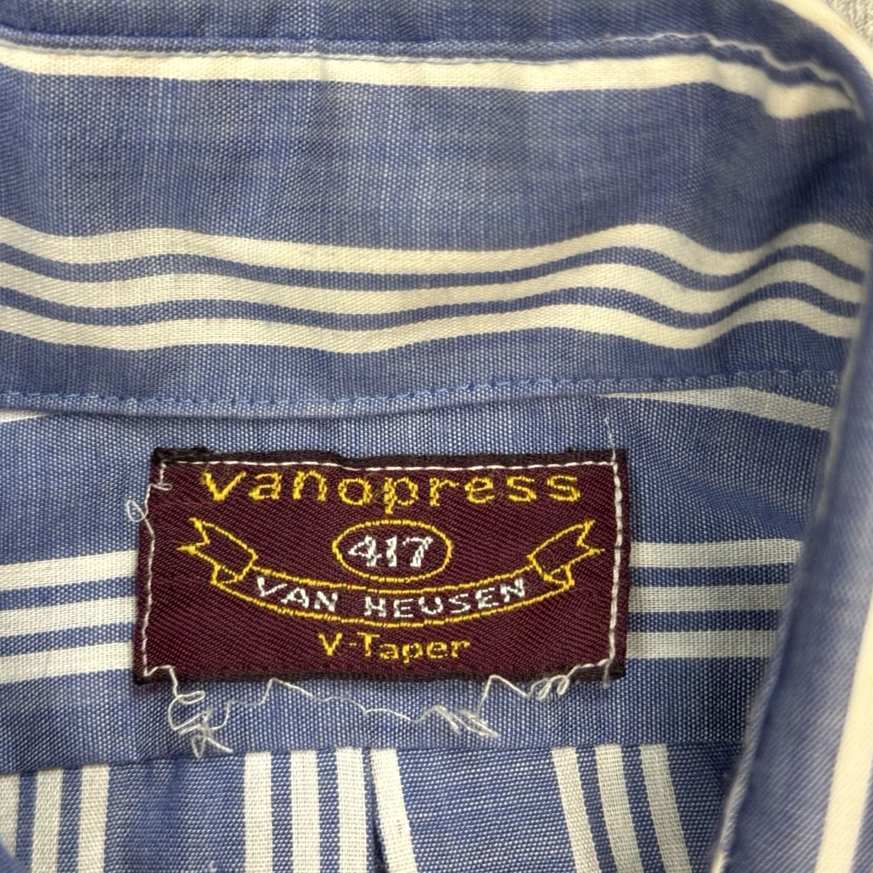 Van Heusen VTG 70s VAN HEUSEN SHIRT NAVY WHITE STRIPE BUTTON UP MENS L BREAKFAST OF VANOPRESS? Size US L / EU 52-54 / 3 - 5 Thumbnail
