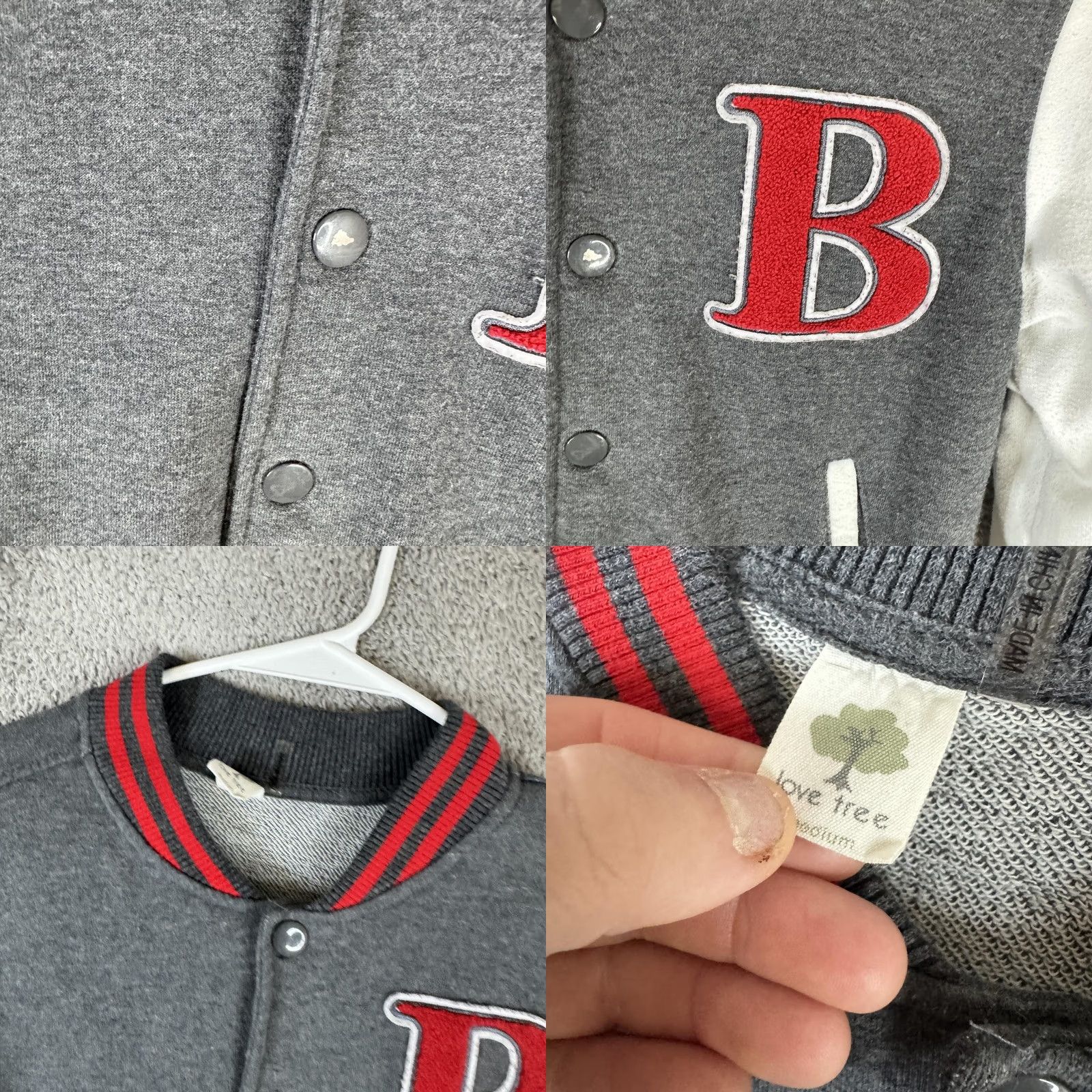 Vintage Love Tree Varsity Jacket Juniors M Gray White Letter B Snap Front Fleece Size M / US 6-8 / IT 42-44 - 8 Thumbnail