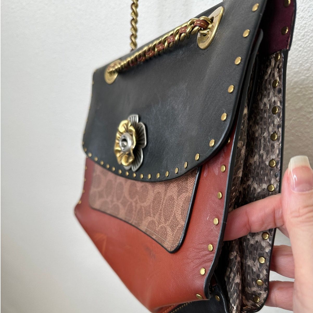Coach Vintage Coach Tea Rose Parker Bag Rivets Snakeskin Detail Size ONE SIZE - 5 Thumbnail