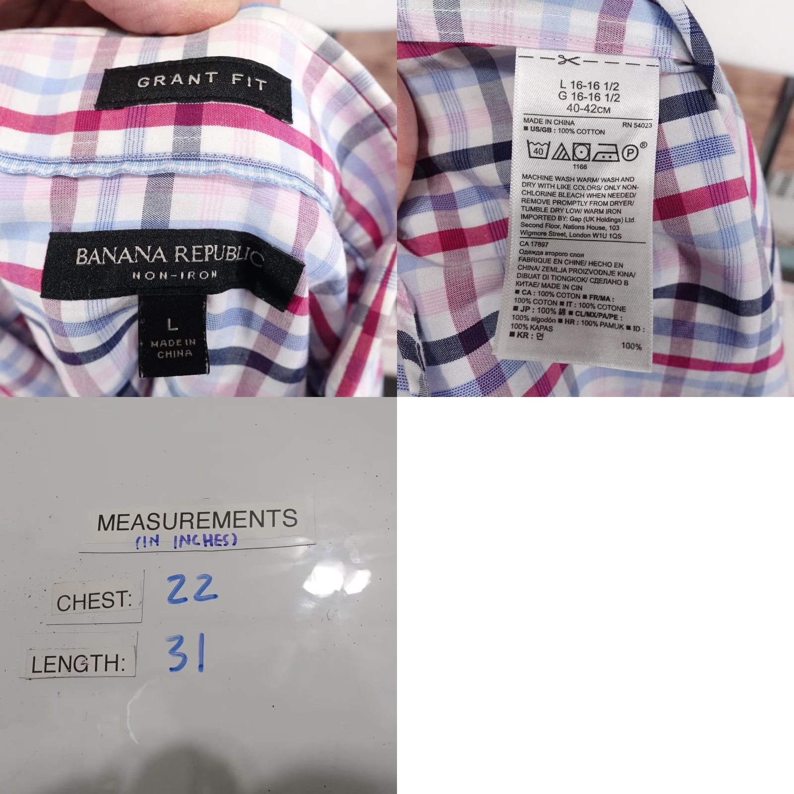 Banana Republic VINTAGE Banana Republic Shirt Mens Large Pink Blue Plaid Grant Fit Non-Iron Long Sleeve Size US L / EU 52-54 / 3 - 8 Thumbnail