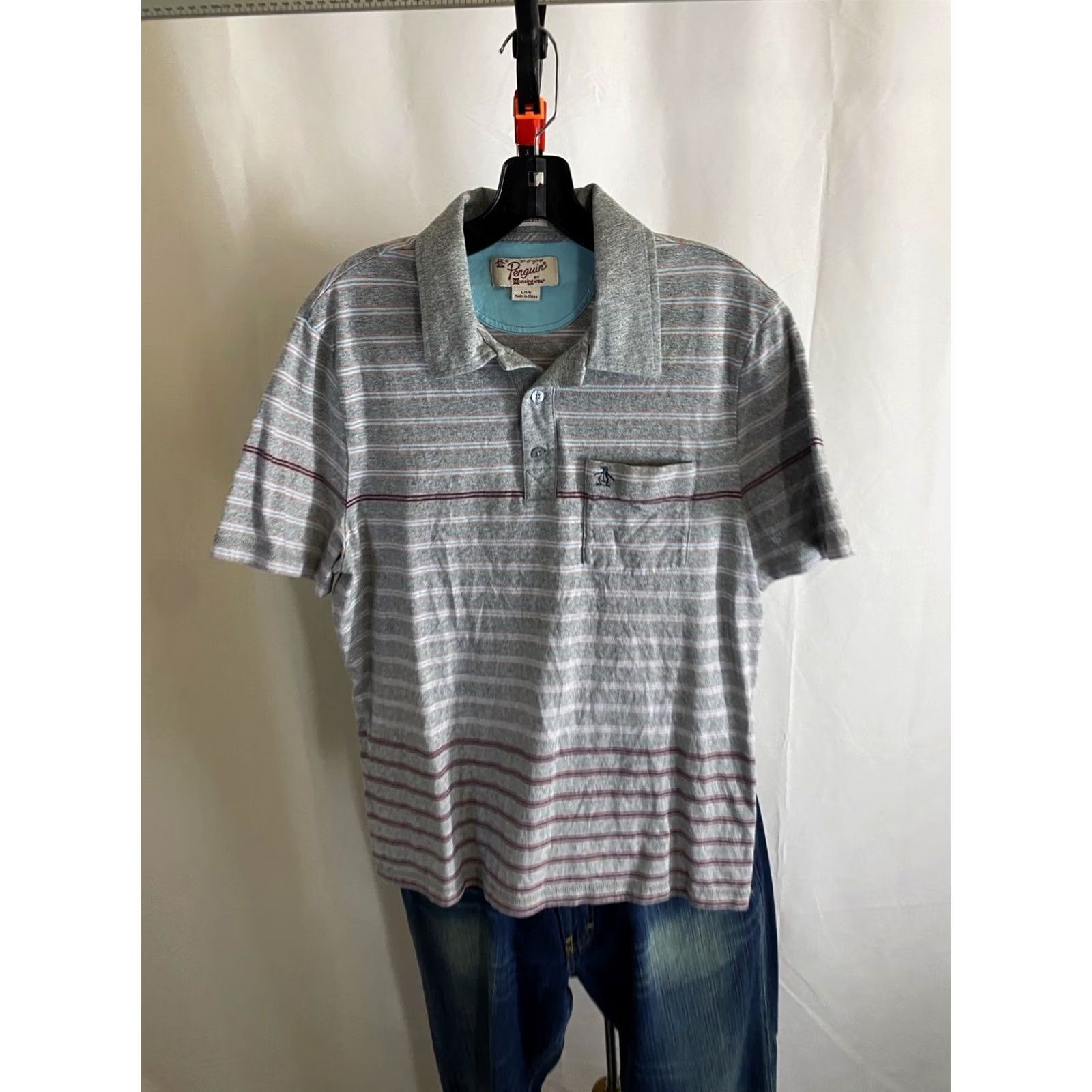 Vintage Penguin Polo Shirt Mens L Gray Tangerine Stripe Pocket Classic Fit Size US L / EU 52-54 / 3 - 2 Thumbnail