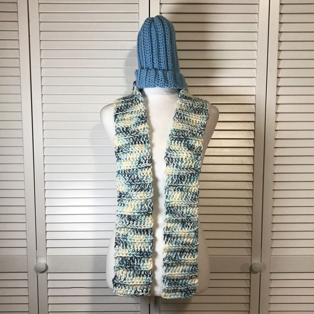 Handmade NWT Handmade Crocheted Blue Textured Beanie & Scarf 58” Size ONE SIZE - 1 Thumbnail