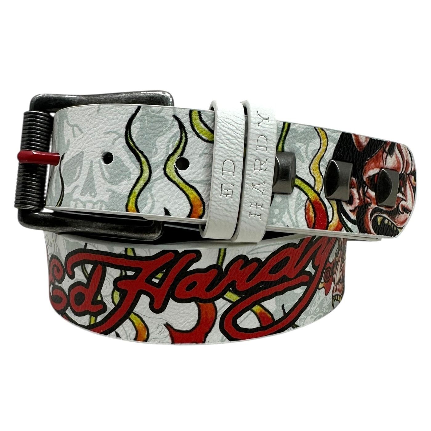 Ed Hardy Ed Hardy Men's Devil In Flames White Belt With Metal Studs Size 42 - 1 Thumbnail