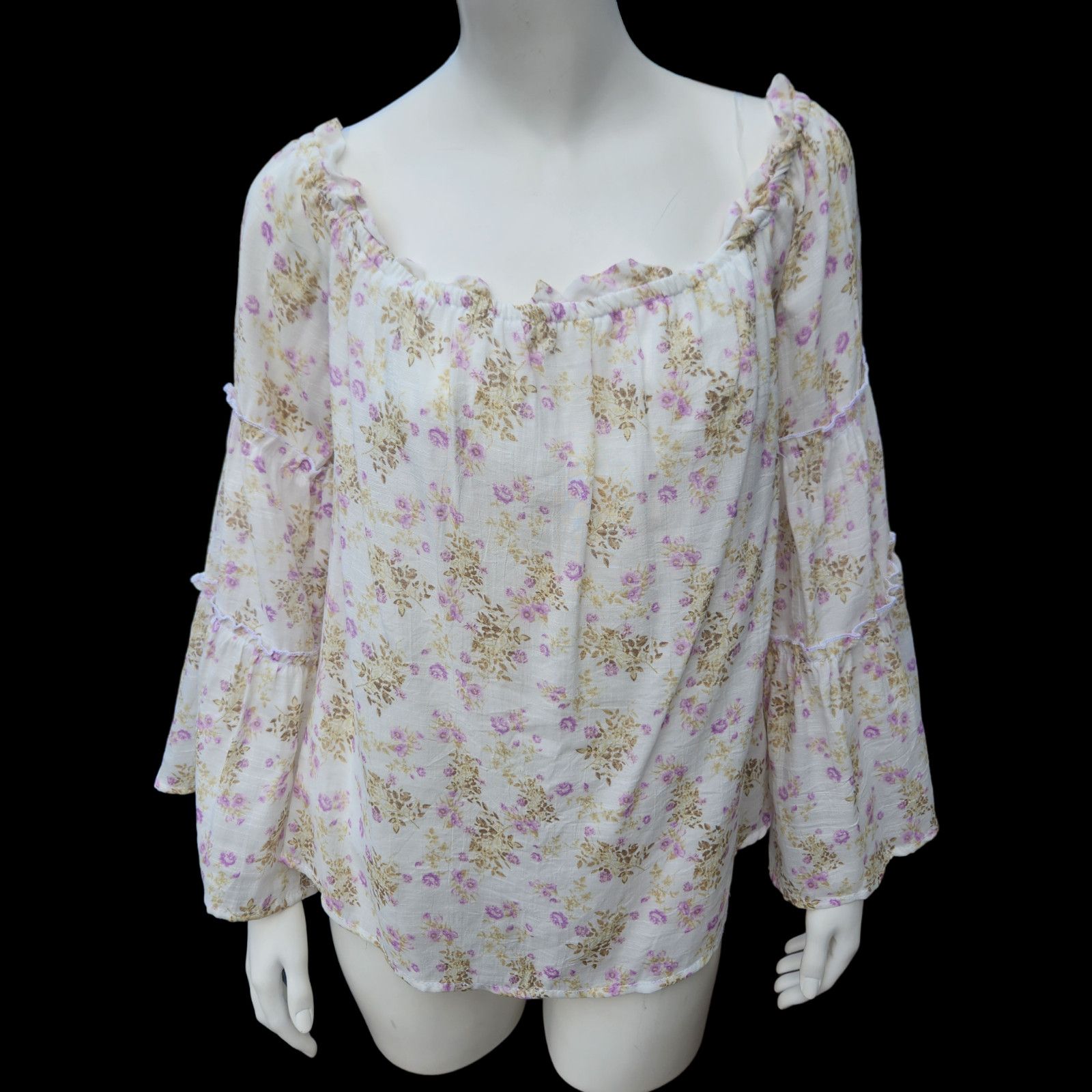 rue21 Rue21 Purple Ivory Floral Blouse Size Large Bell Sleeves Size L / US 10 / IT 46 - 1 Thumbnail