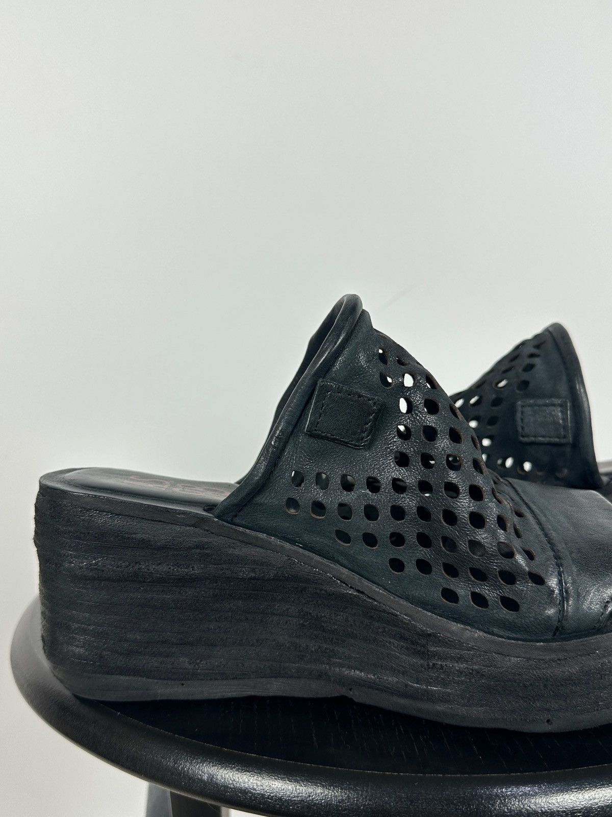 A.S.98 A.S.98 Black Perforated Leather Platform Slide Mules Sandals Size US 7 / IT 37 - 17 Thumbnail