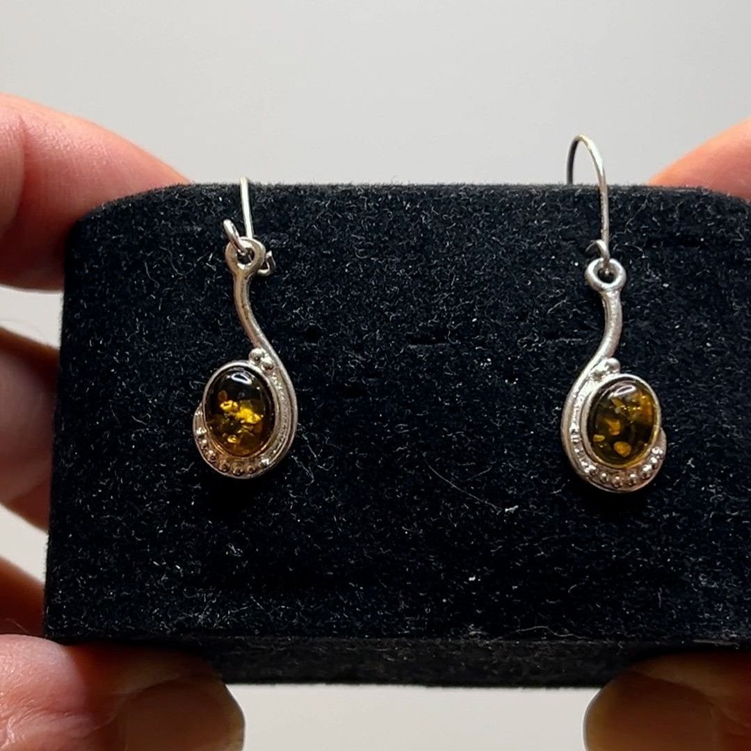 Designer Sterling Silver 925 Green Amber Drop Dangle Earrings Size ONE SIZE - 2 Thumbnail