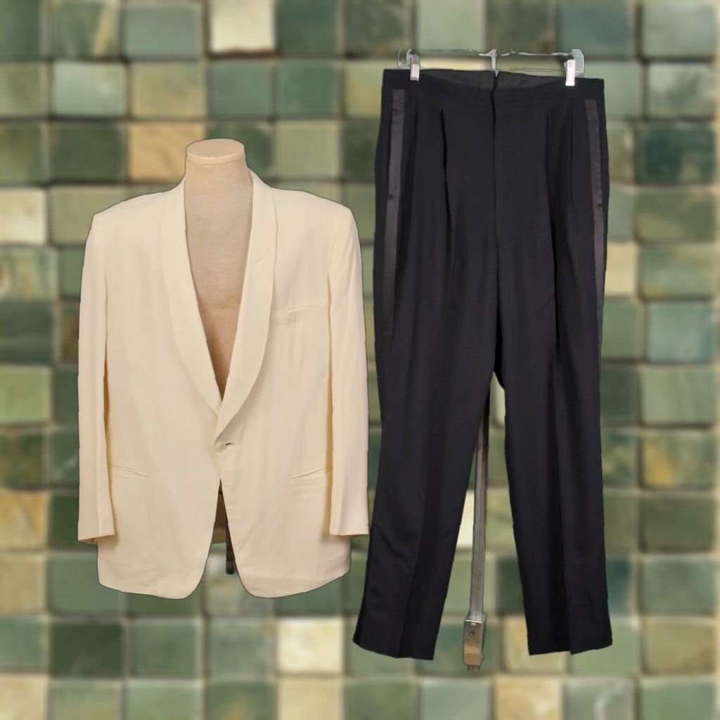 Vintage VINTAGE Men's VTG 50s Black & White 2 PC Tuxedo / Suit Sz M 1950s Tux Jacket Pants Mens Size 40R - 1 Thumbnail