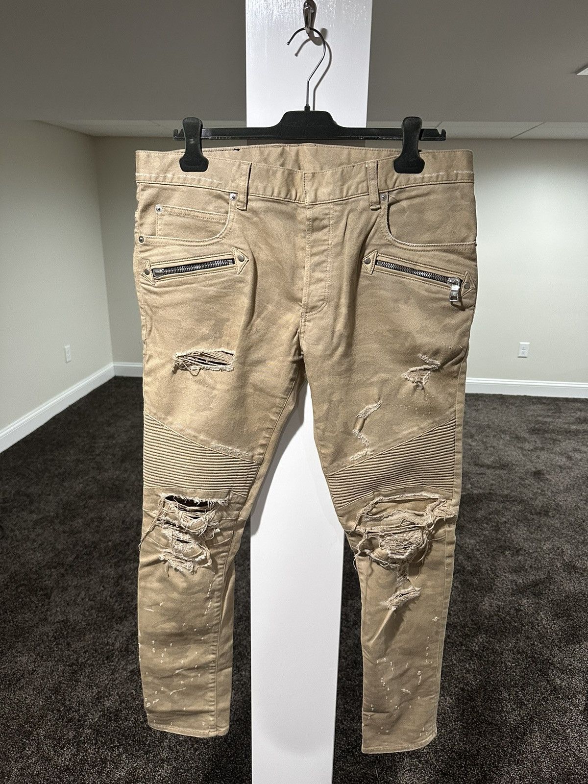 image of Balmain Biker Biege Desert Camo Denim Pants, Men's (Size 33)