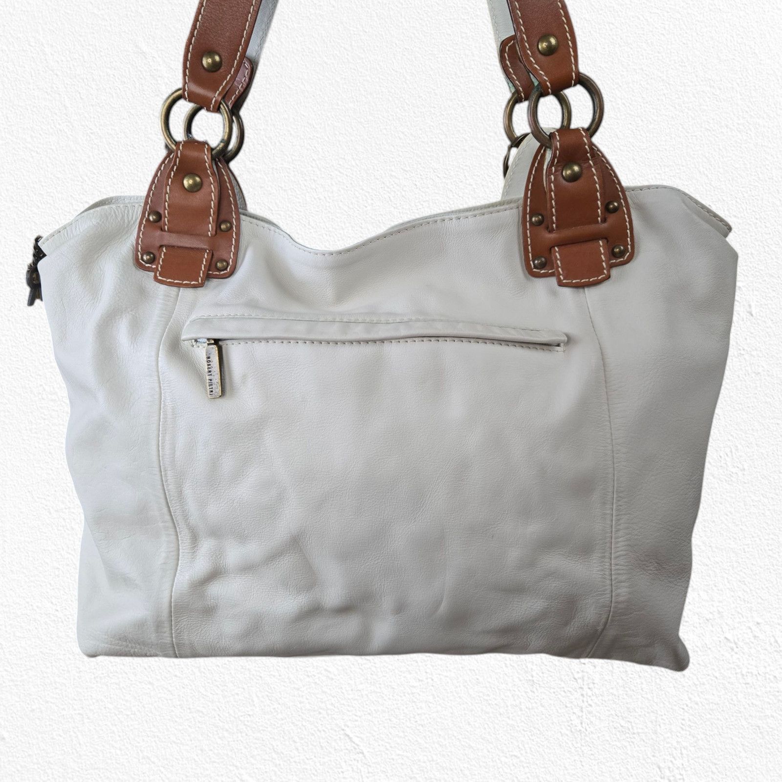 Vintage Y2K White Tan Pebbled Leather Tote Shoulder Bag Size ONE SIZE - 13 Thumbnail