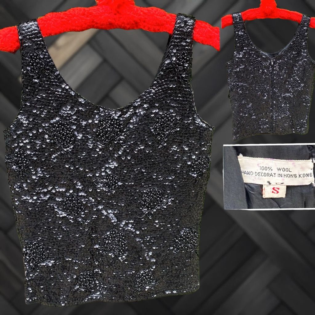 Vintage VTG 50s 60s Black Sequin Beaded Wool Top Hong Kong Metal Zip Pinup Glam Shirt S Womens Size S / US 4 / IT 40 - 1 Thumbnail