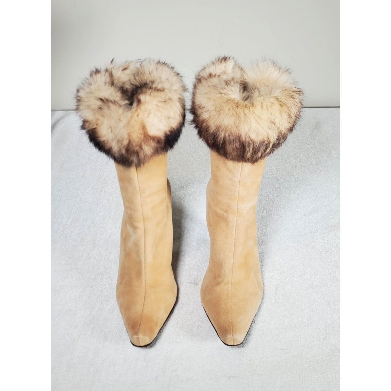 Vintage Arturo Chiang Suede Rabbit Fur Trim Back Zip Ankle Boots Snip Toe Women's US 7.5 Size US 8 / IT 38 - 7 Thumbnail