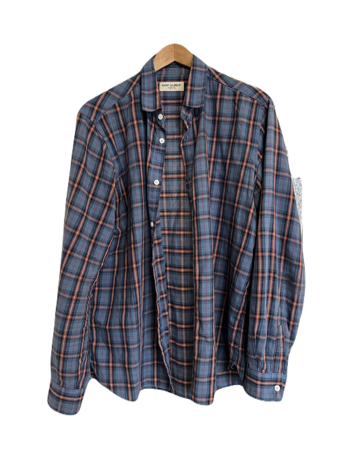 image of Hedi Slimane x Saint Laurent Paris Flannel Shirt in Blue, Men's (Size Large)