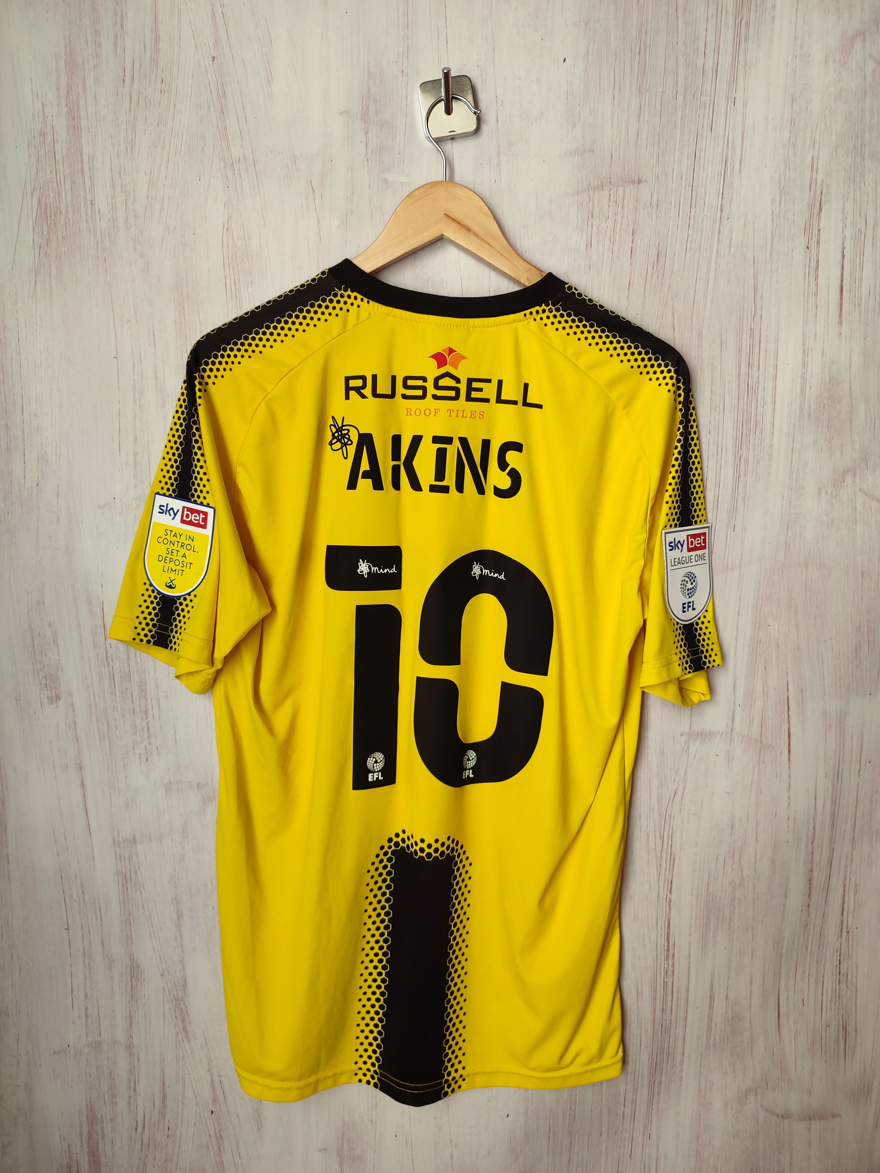 image of Burton Albion Fc 2021 2022 Home Shirt Jersey Football Akins in Yellow, Men's (Size Large)