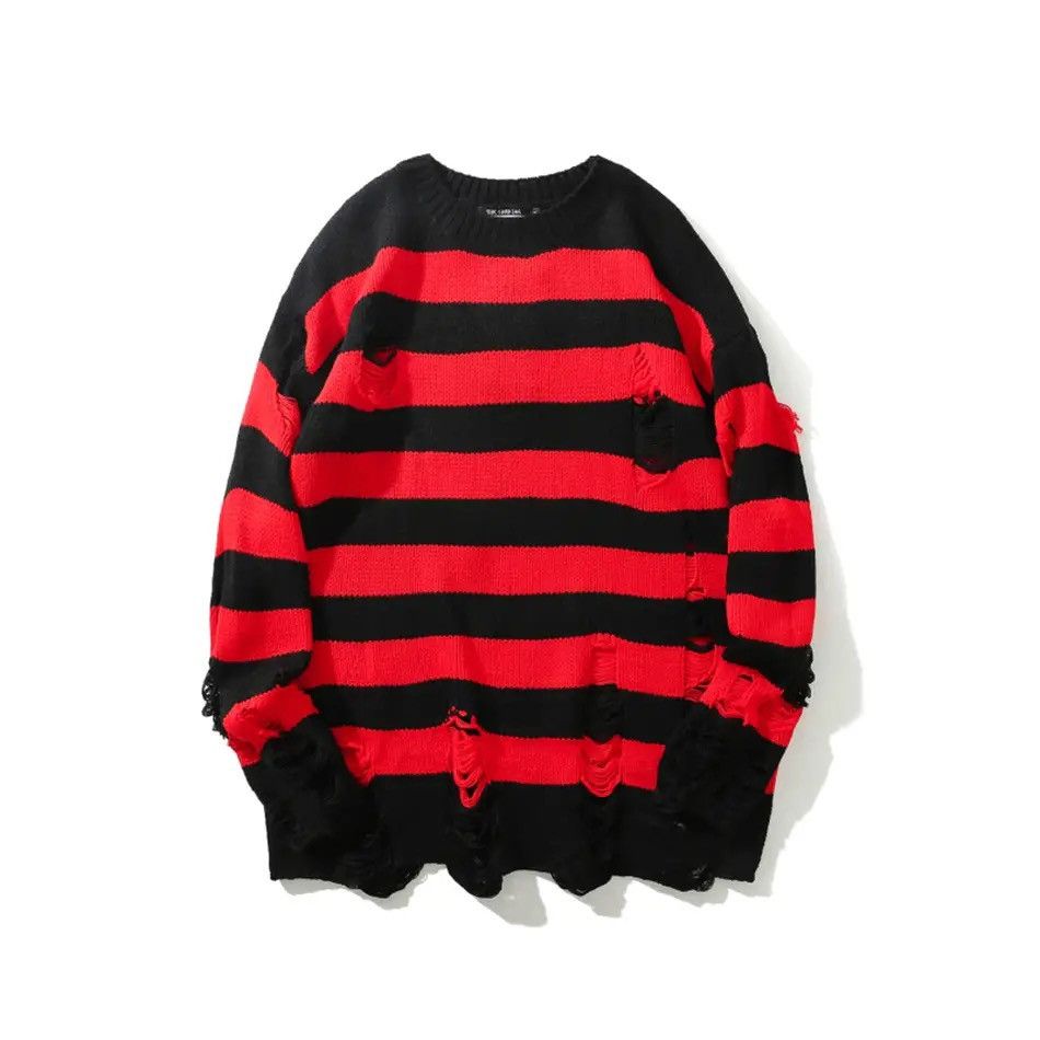 Japanese Brand × Vintage Sweater retro style loose pullover stripes torn holes fringe Size US L / EU 52-54 / 3 - 10 Thumbnail