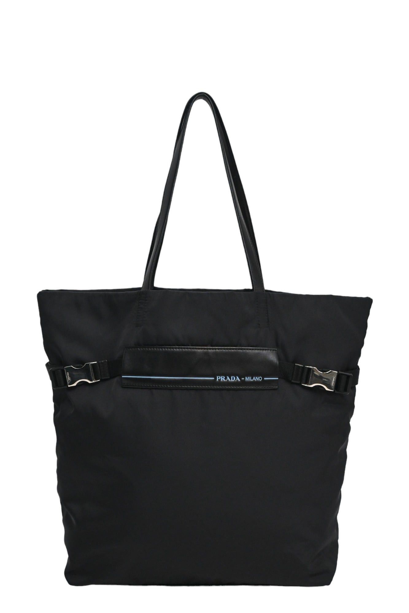 image of Prada Black Belted Logo Nylon Tote Bag, Women's