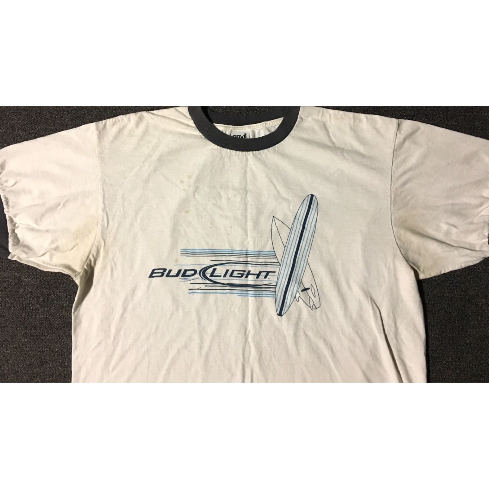 Anvil VINTAGE Bud Light Faded Ringer Shirt XL Bar Drunk Beer Surf Beach Biker Grunge 90s Size US XL / EU 56 / 4 - 4 Thumbnail