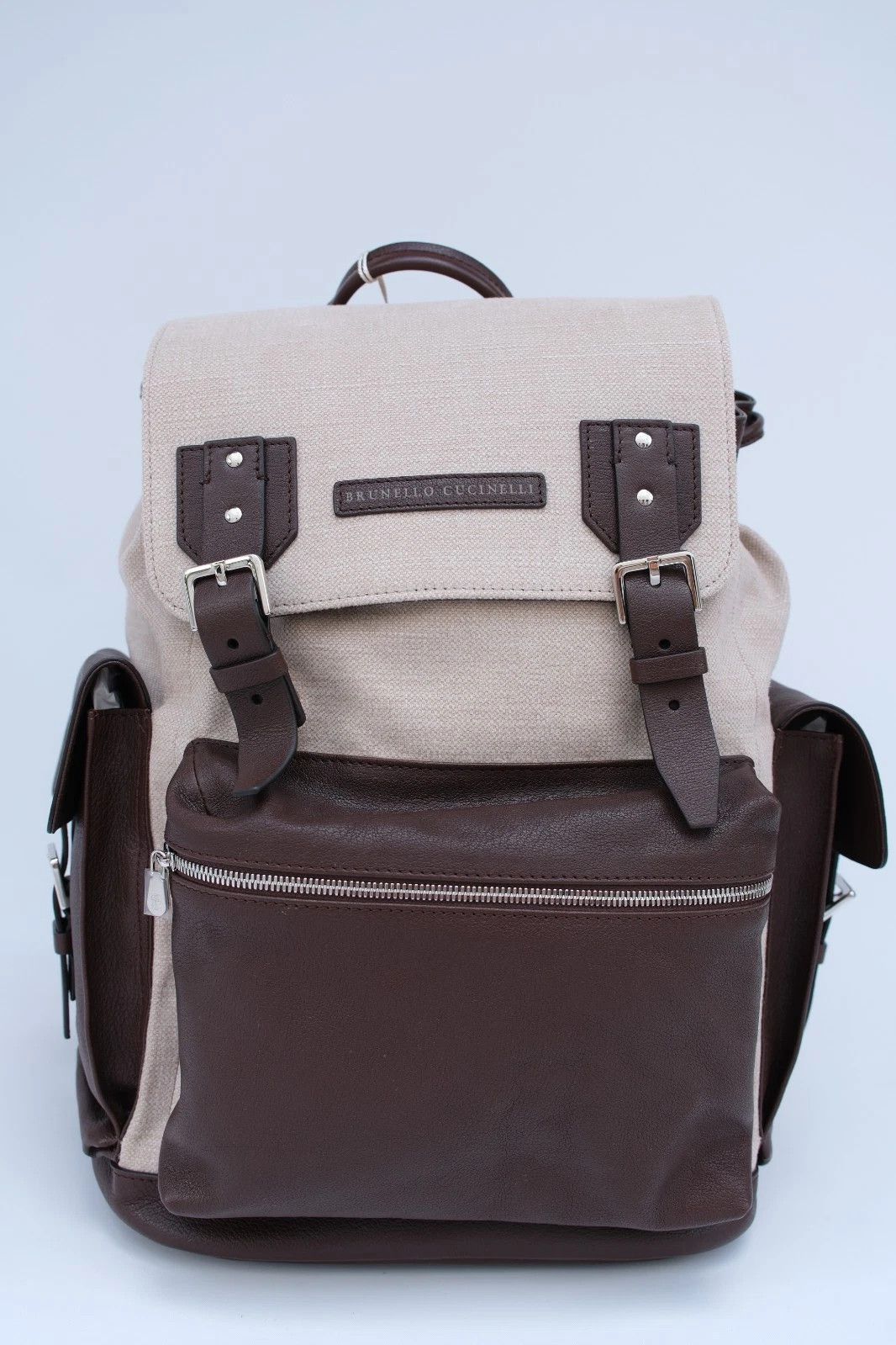 Brunello Cucinelli New Brunello Cucinelli Brown Beige Leather Travel Backpack Size ONE SIZE - 1 Thumbnail