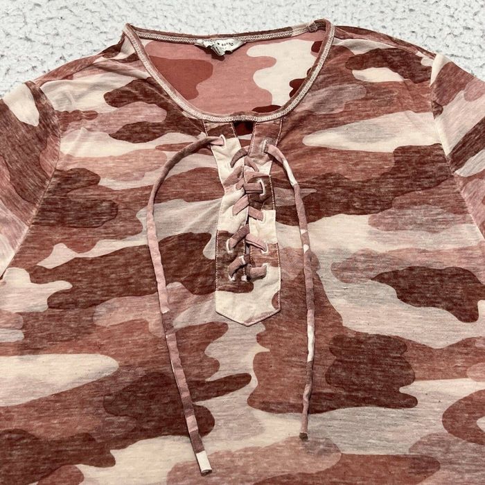 Lucky Brand Lucky Brand Burnout T Shirt Lightweight Tie Front Camo