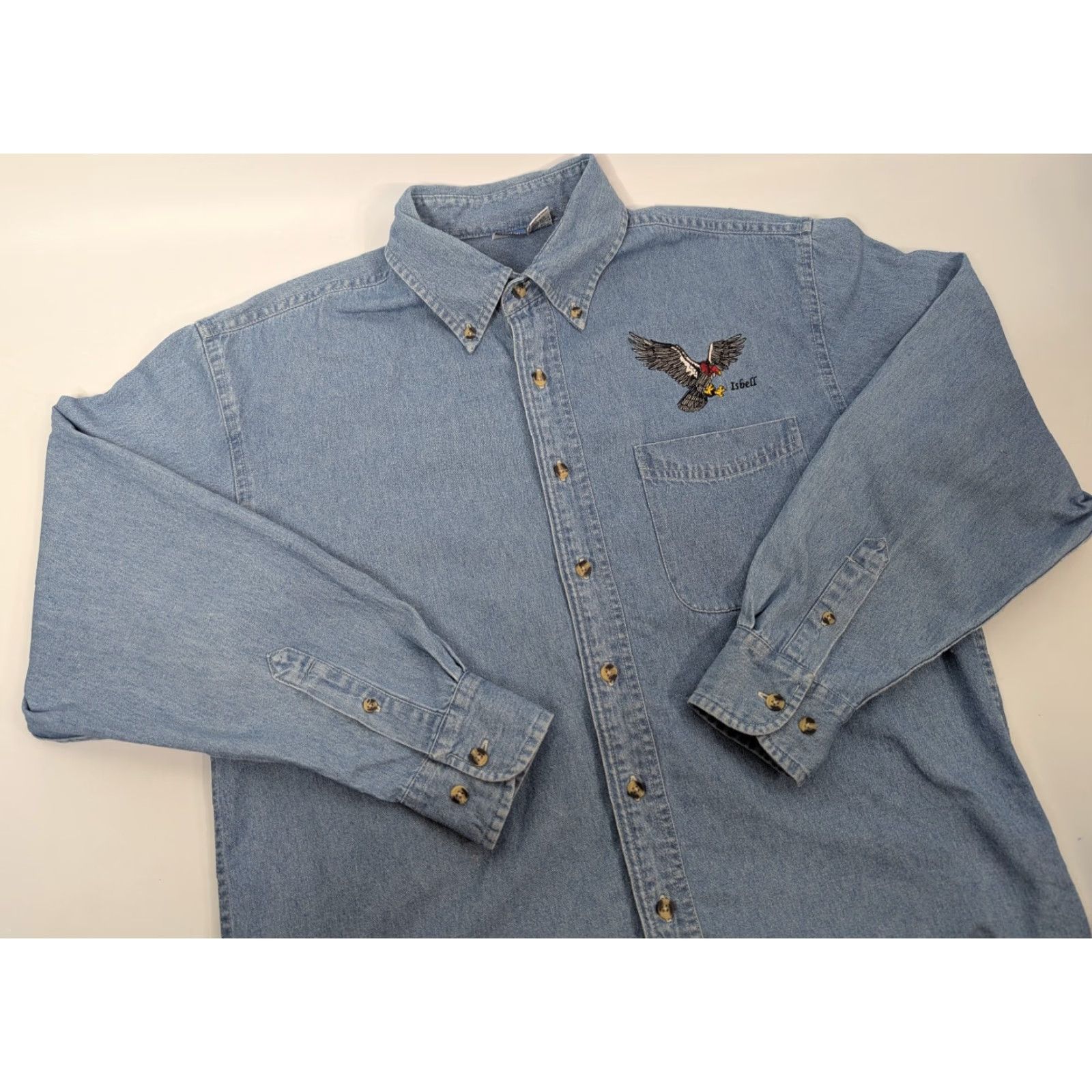 Port & Company Port & Company Denim Button-Up Shirt With Bird Isbell Logo Size Small Cotton Blue Mens Button-Down Long Sleeve Regular Fit Shirt Size US S / EU 44-46 / 1 - 2 Thumbnail