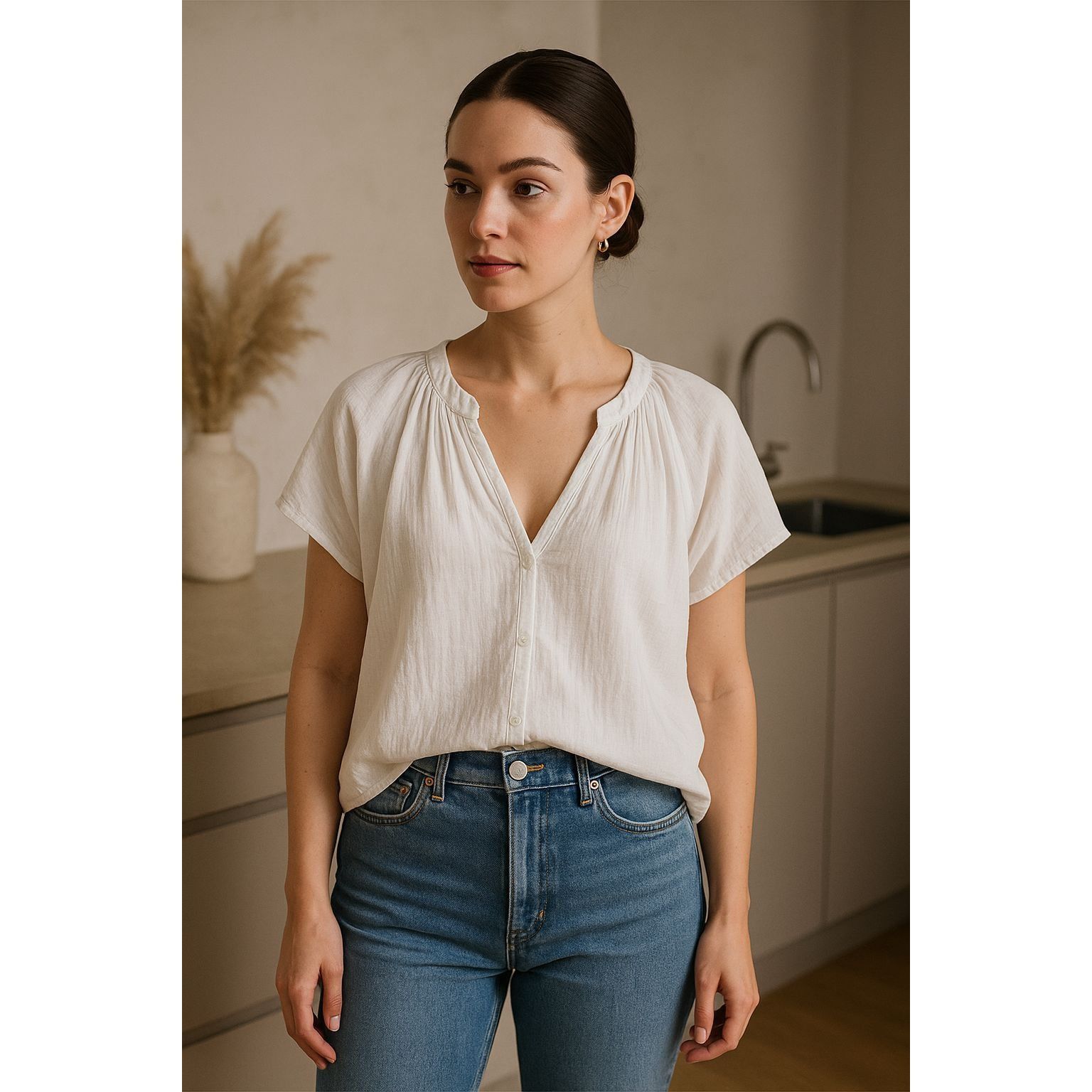 H&M H&M Women L White V-Neck Blouse Relaxed Fit Clean Girl Minim Size L / US 10 / IT 46 - 1 Thumbnail
