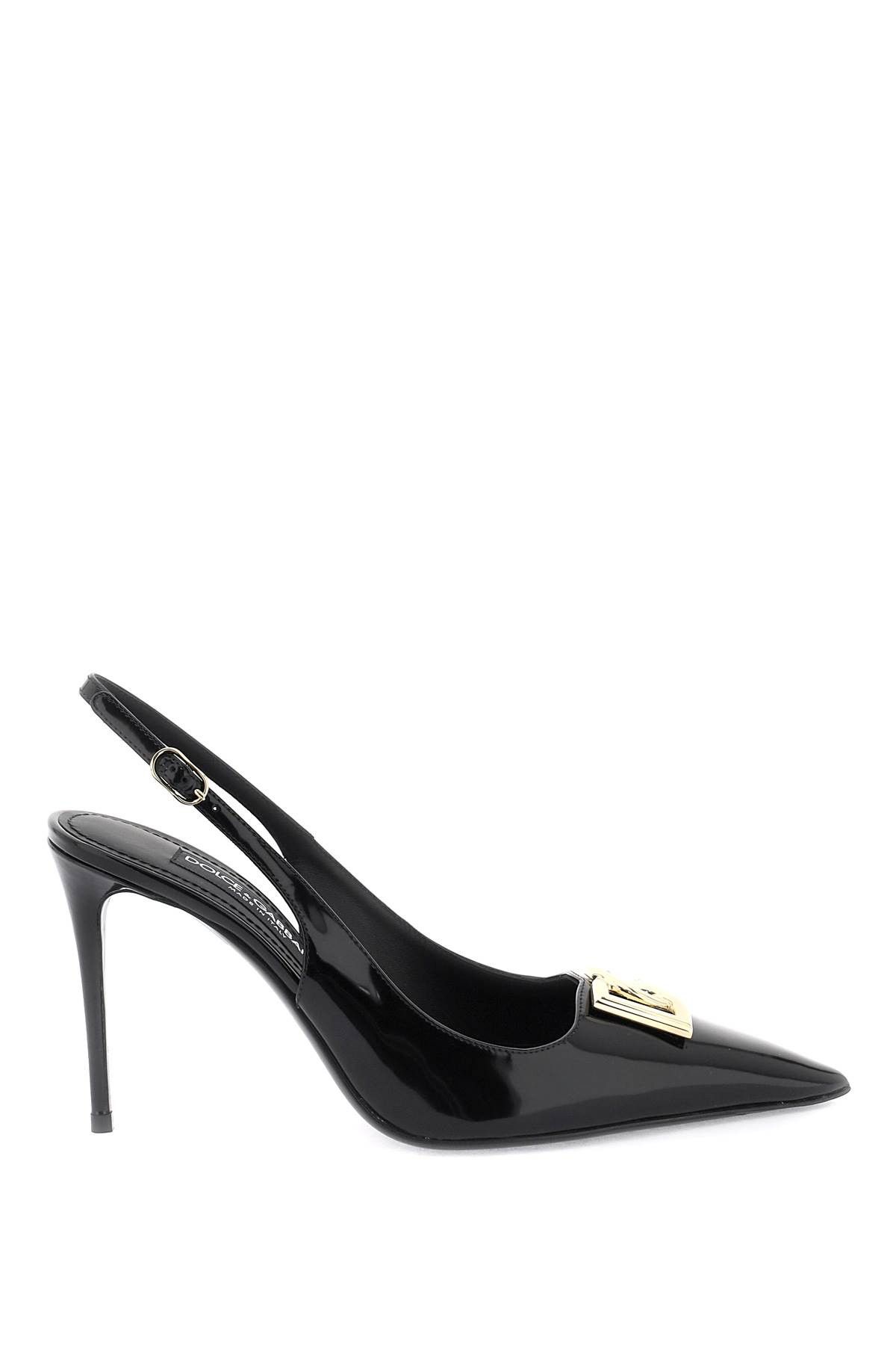 image of Dolce Gabbana Glossy Leather Lollo Slingback Pumps Shoes in Nero, Women's (Size 10)
