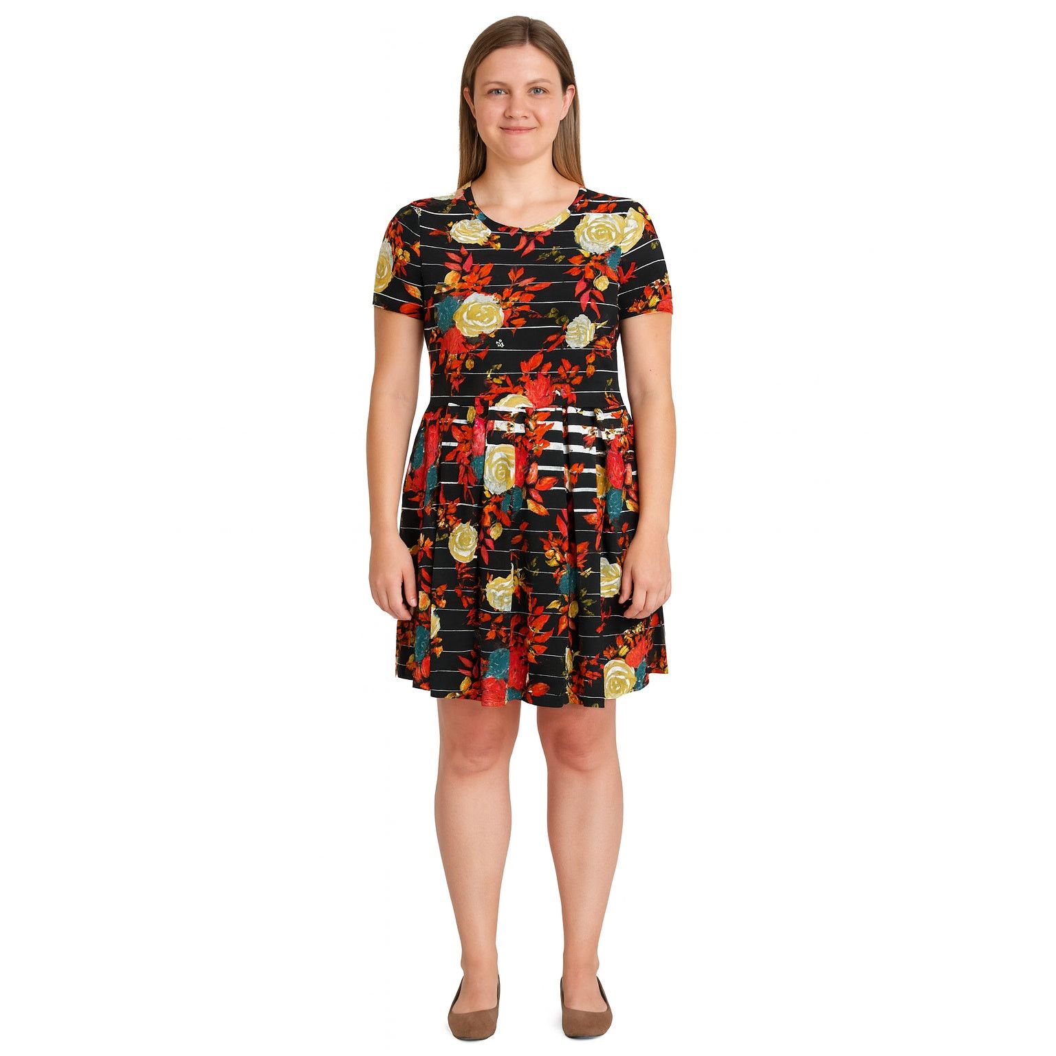 NWT LuLaRoe Amelia Dress Black White Stripes Florals Medium