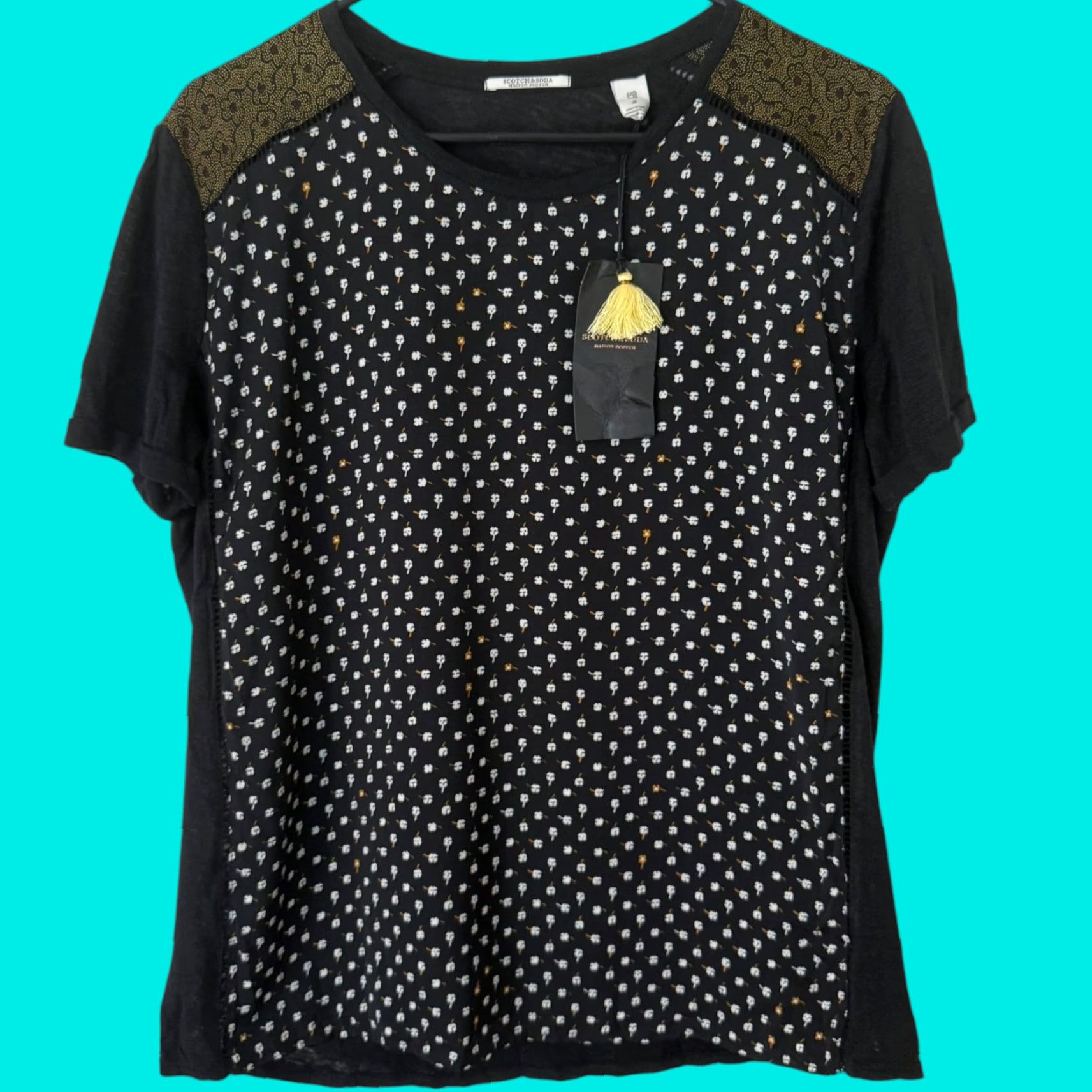 Scotch & Soda VINTAGE Scotch & Soda Women's T-Shirt Short Sleeve Linen Floral Print Casual Size 2 Black Summer Size XS / US 0-2 / IT 36-38 - 1 Thumbnail