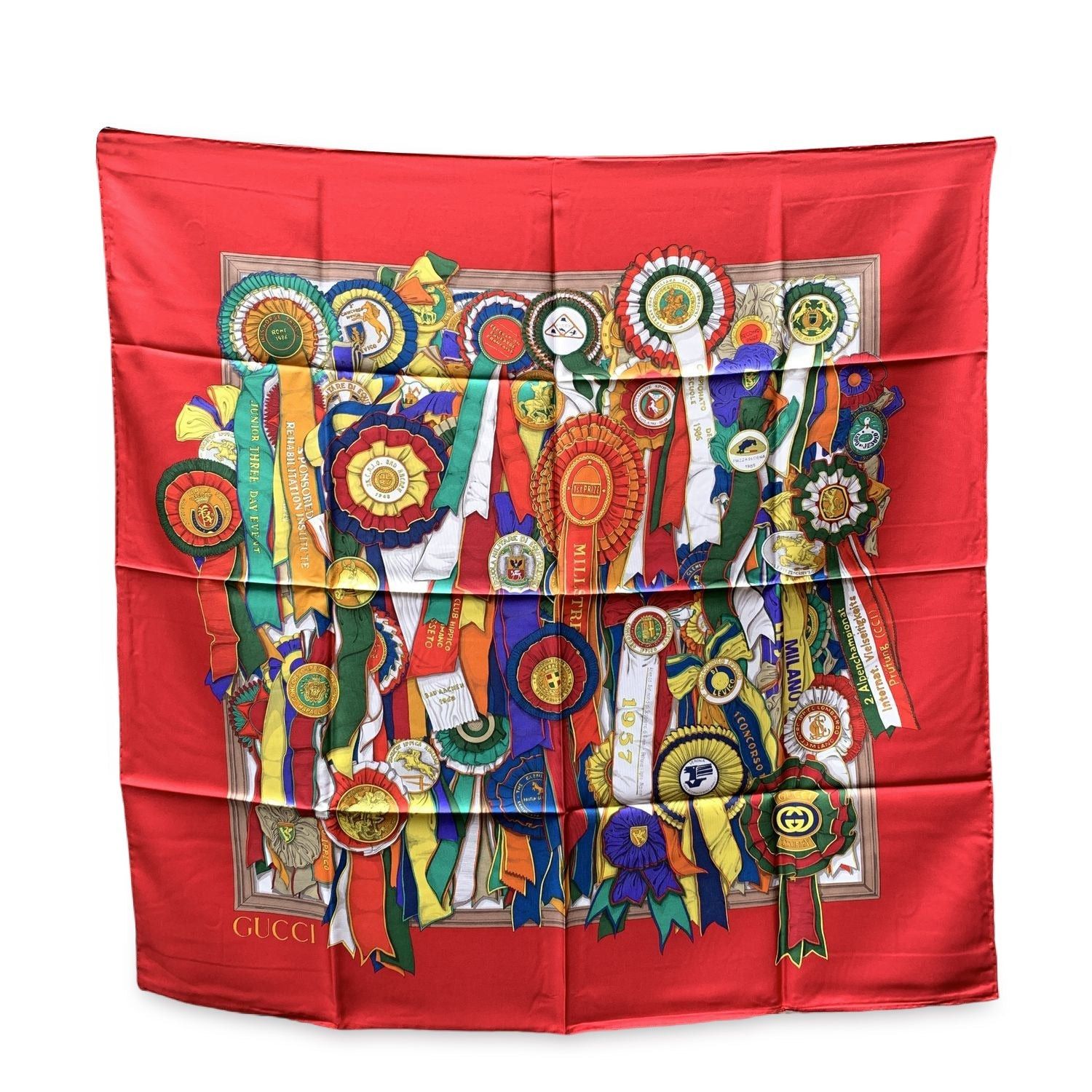 image of Gucci Vintage Red Silk Horse Ribbon Equestrian Scarf in Black, Women's
