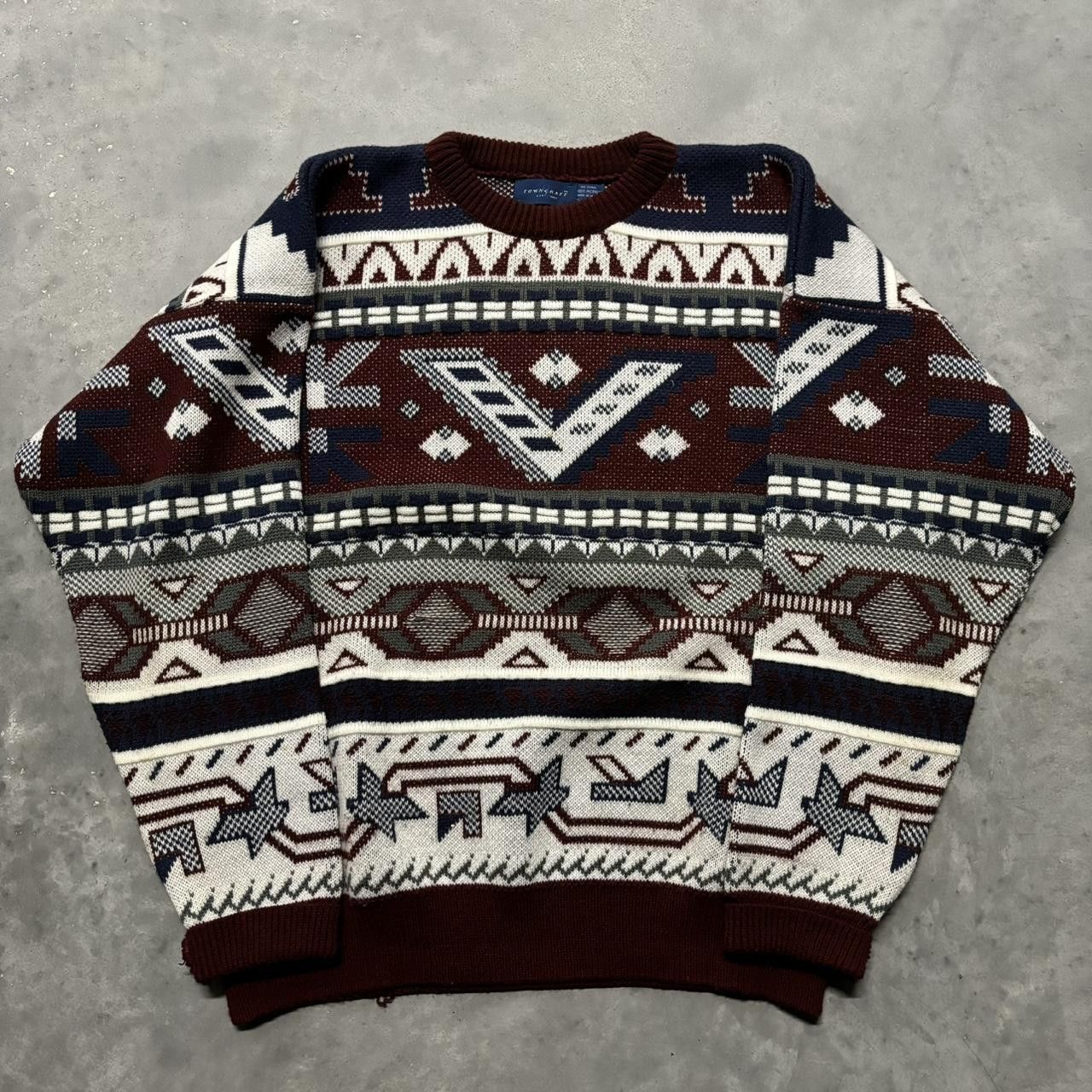 Japanese Brand × Vintage Crazy Vintage 90s Burgundy Crazy Pattern Acrylic Sweater! Size US L / EU 52-54 / 3 - 1 Thumbnail