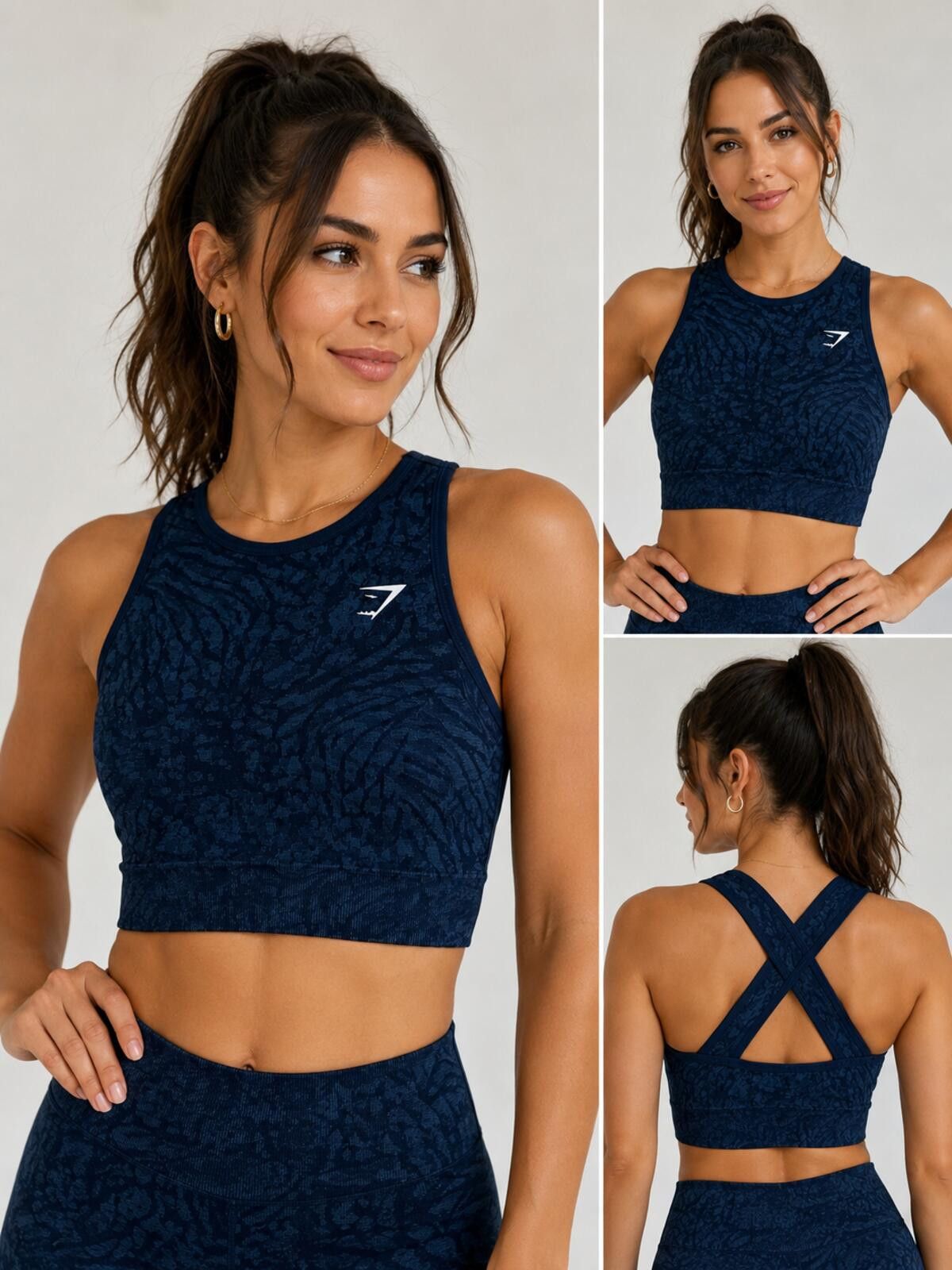 Gymshark Navy Blue Textured Racerback Sports Bra Crop Top Sz, Women's