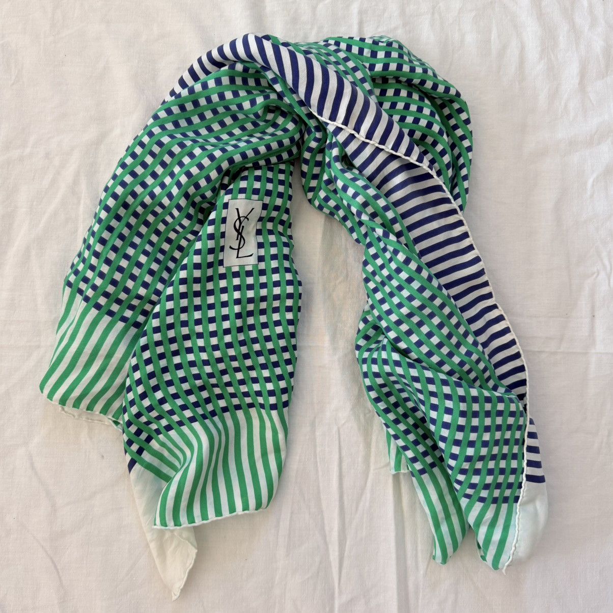 Yves Saint Laurent Vintage YSL Silk Scarf 33x33 Green Blue Check Stripe Size ONE SIZE - 4 Thumbnail