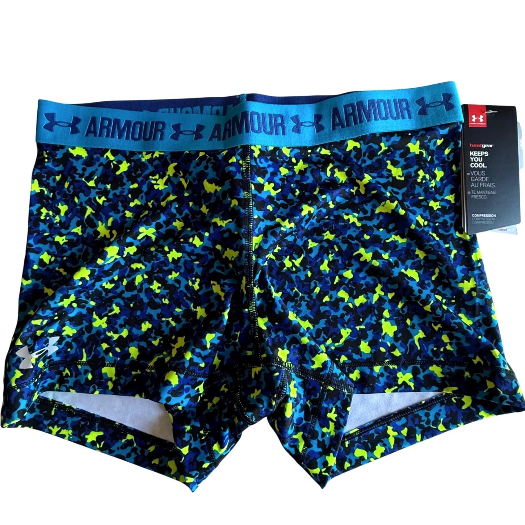 Under Armour Under Armour Womens L HeatGear Shorts Blue Yellow Digital Camo 3" Compression Size 36" / US 14 / IT 50 - 3 Thumbnail