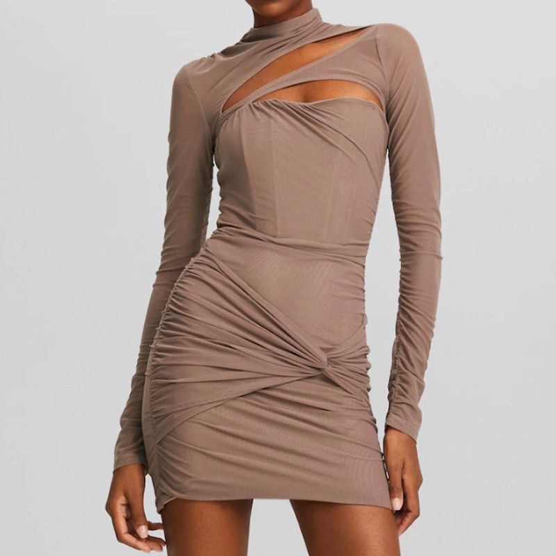 Bershka Gathered Tulle Long Sleeve Mini Dress with Cut-Out