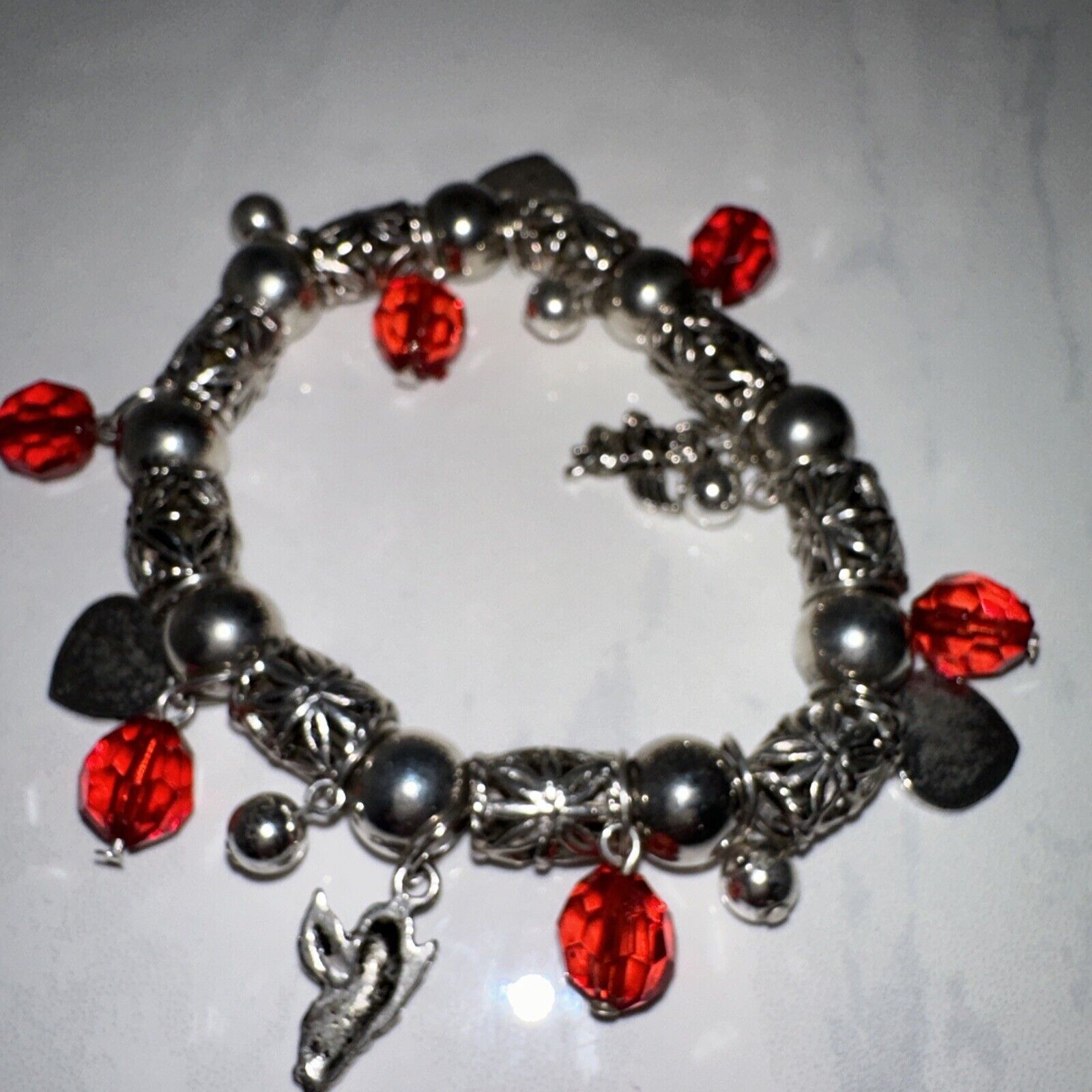 Vintage VTG Silver Art Deco Angels Red Hearts Charm Bracelet Stretch Size ONE SIZE - 4 Thumbnail