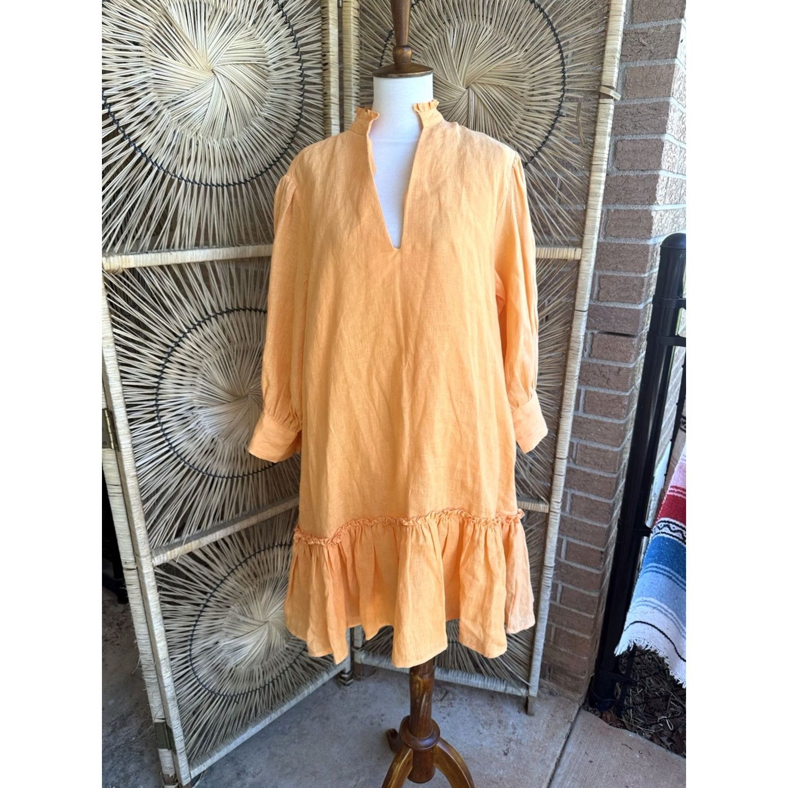 Vintage Elizabeth james the label Orange Dress Mini Shirt Womens L Orange Cotton Linen Short Sleeve Casual Spring Summer 90s? Size L / US 10 / IT 46 - 2 Thumbnail