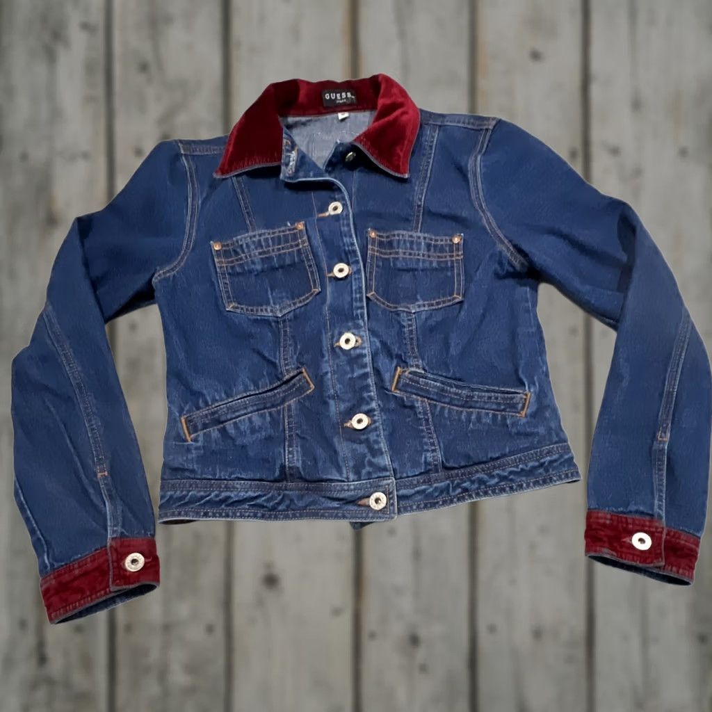 Guess VINTAGE Guess Glamour Denim Jacket Medium Red Velvet Trim Trucker USA Shirt Women's M 90s Biker Pockets Size M / US 6-8 / IT 42-44 - 1 Thumbnail