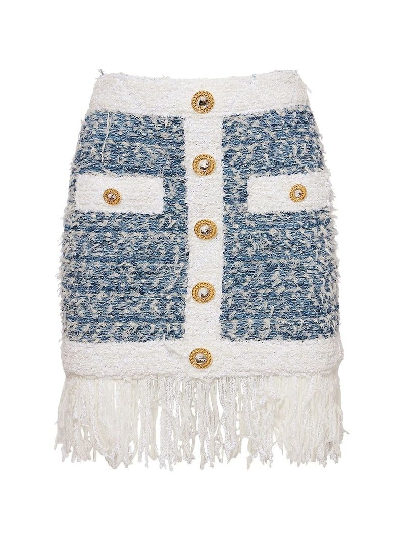 Balmain o1s1wg110825 Fringed Denim Tweed Miniskirt in Blue/White Size 30" / US 8 / IT 44 - 1 Thumbnail