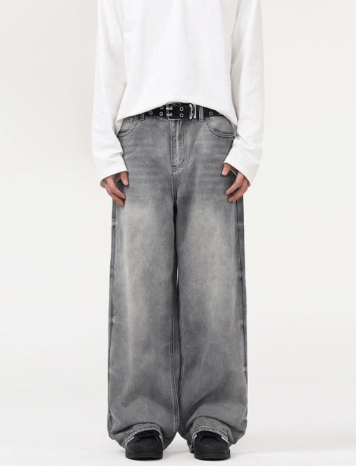 Washed distressed loose straight baggy jeans