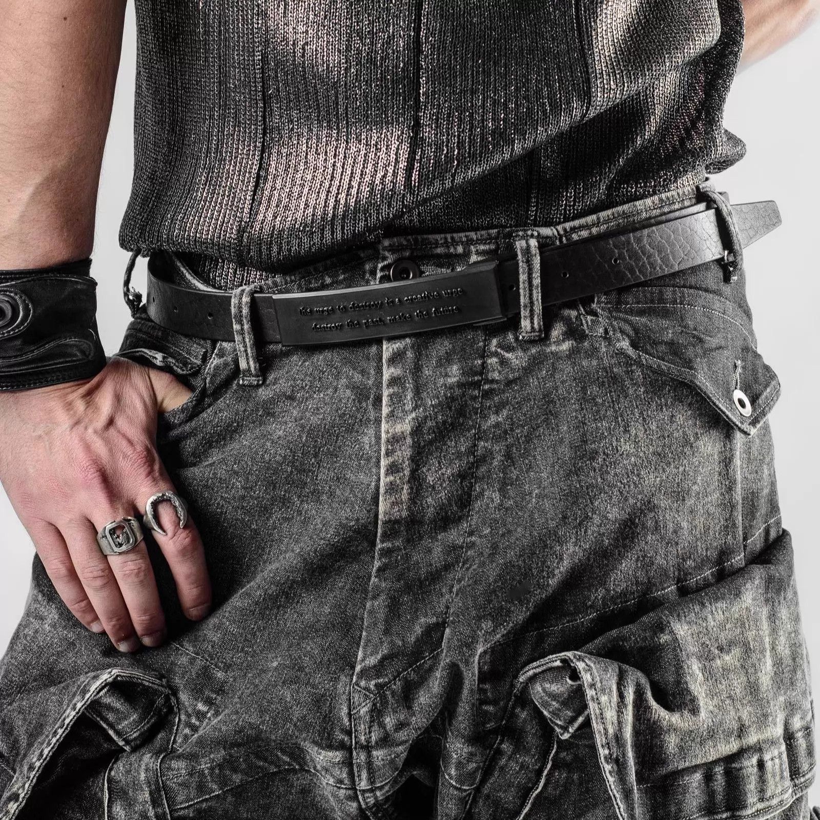 Julius Julius 7 Dark Inscription Black Leather Belt 117x3cm Size ONE SIZE - 4 Thumbnail