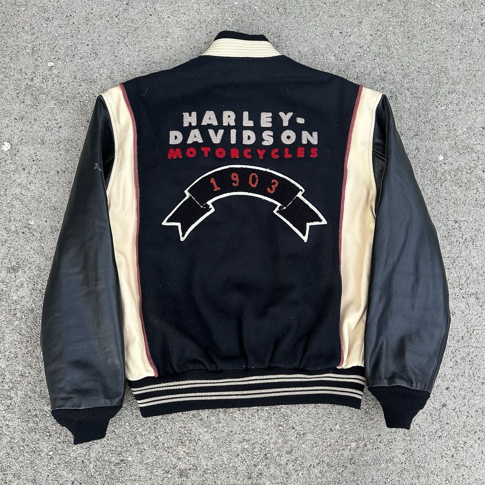 Harley Davidson × Vintage Vintage Harley Davidson Black Leather Wool Varsity Jacket Size US M / EU 48-50 / 2 - 5 Thumbnail